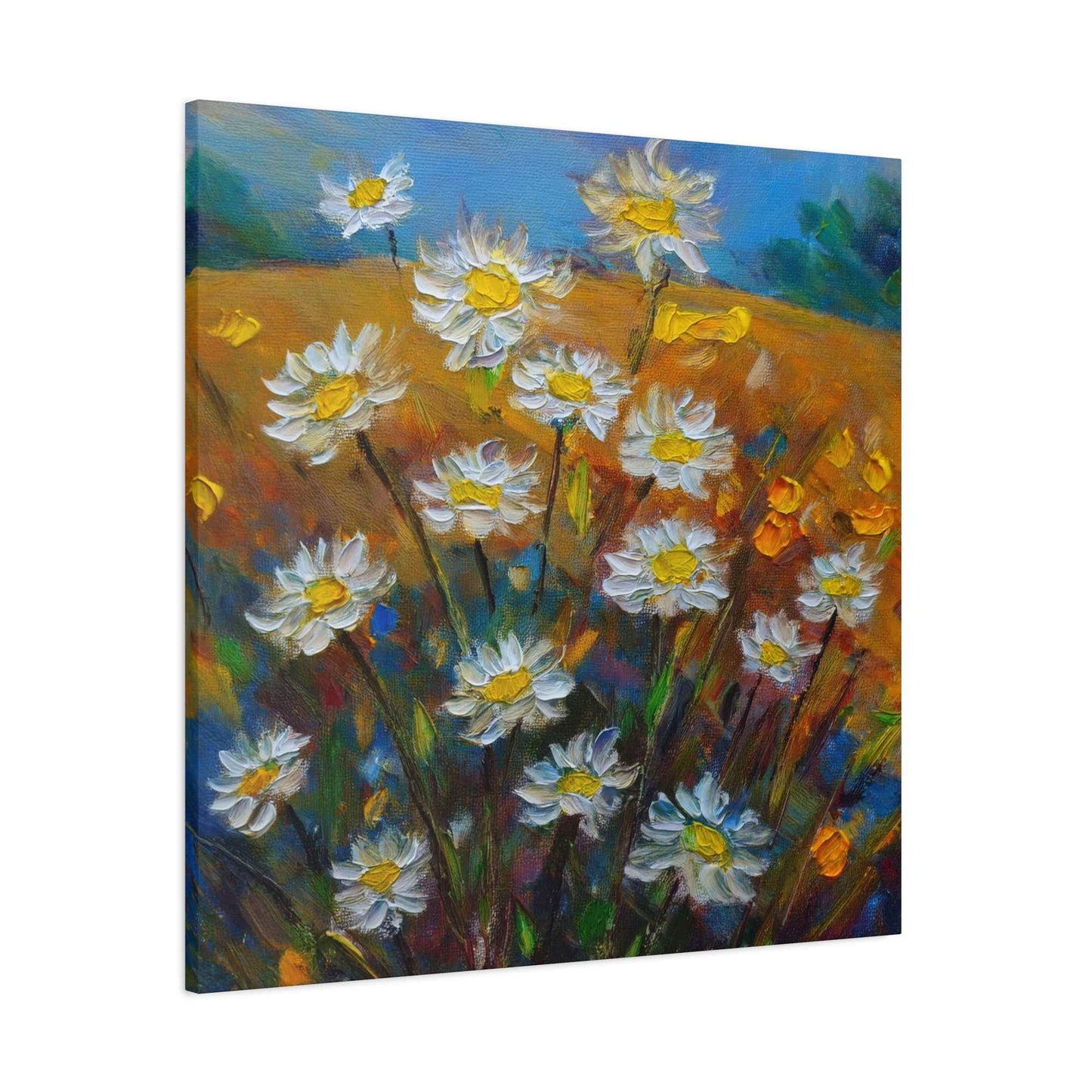 White Daisies Print Canvas, Floral Oil Paint Print 20x20, 24x24, 30x30, 32x32, 36x36 Art Design Pine-Wood Inner Frame MC-126