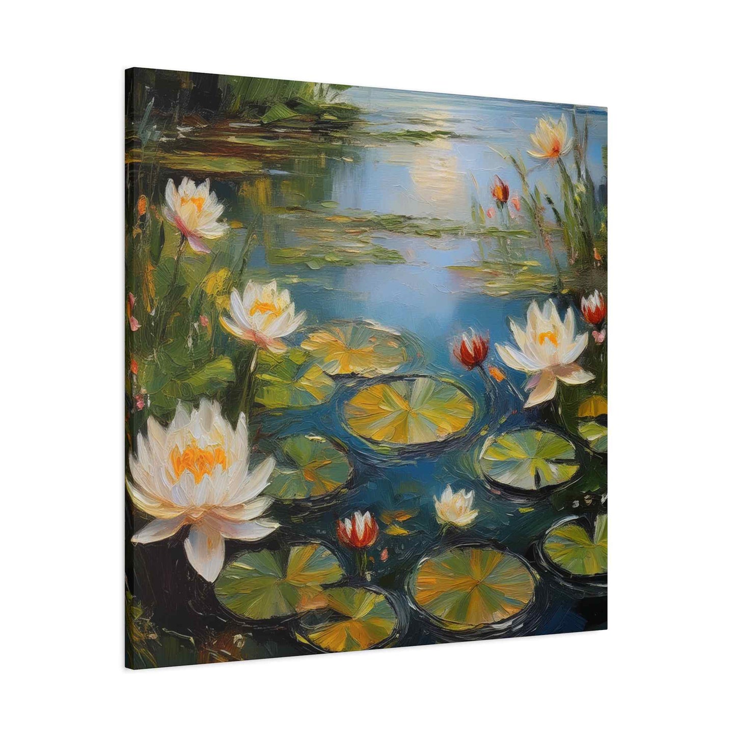 Water Lilies Print Canvas, Oil Paint Print 20x20, 24x24, 30x30, 32x32, 36x36 Floral Art Print Pine-Wood Inner Frame MC-64
