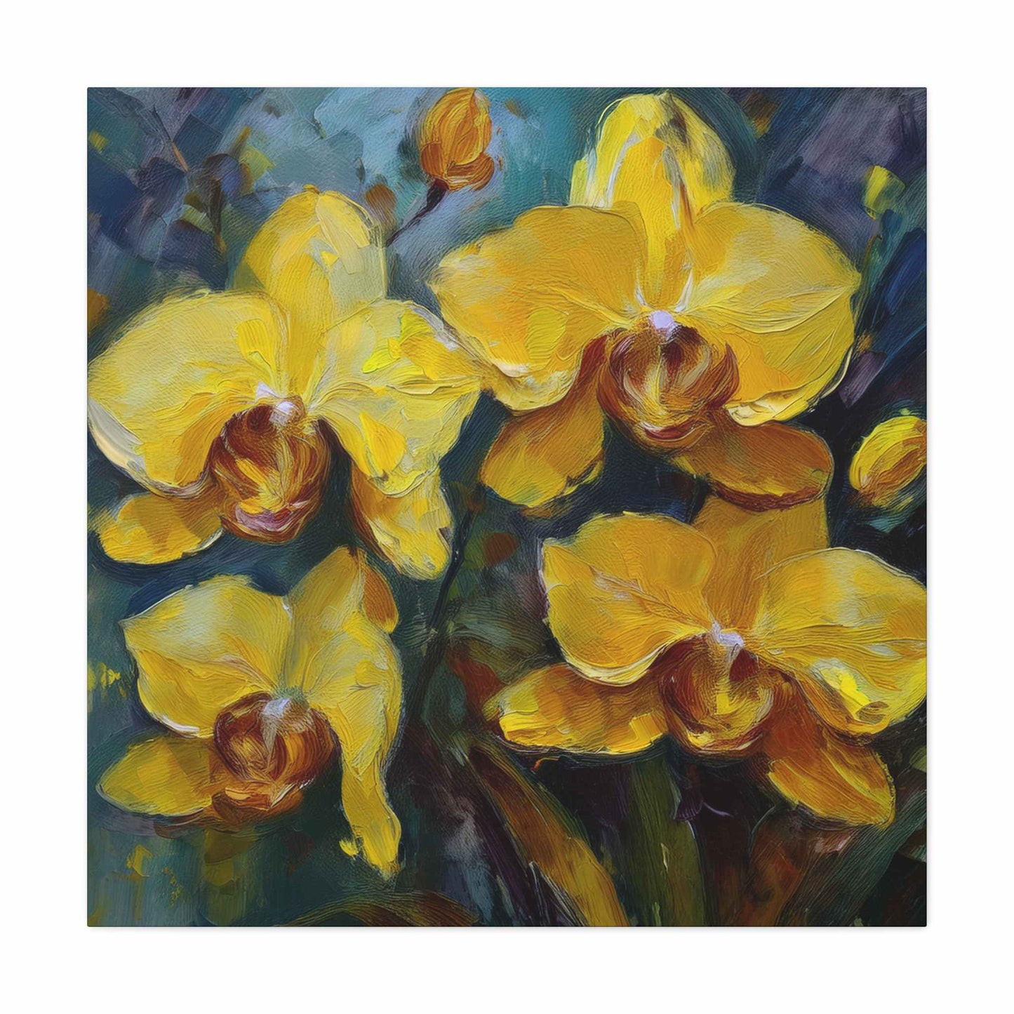 Yellow Orchids Print Canvas, Floral Oil Paint Print 20x20, 24x24, 30x30, 32x32, 36x36 Art Design Pine-Wood Inner Frame MC-138