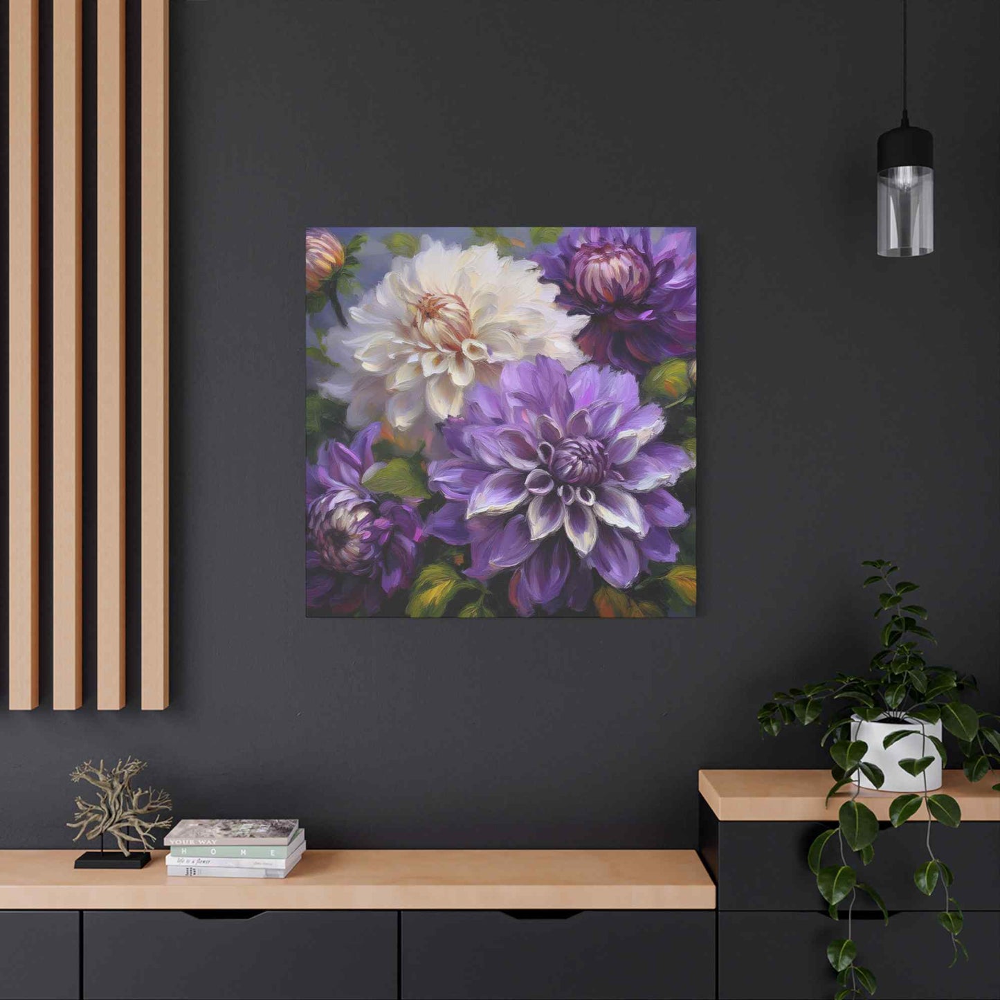 Dahlias Floral Print Canvas, Floral Oil Paint Print 20x20, 24x24, 30x30, 32x32, 36x36 Art Design Pine-Wood Inner Frame MC-172