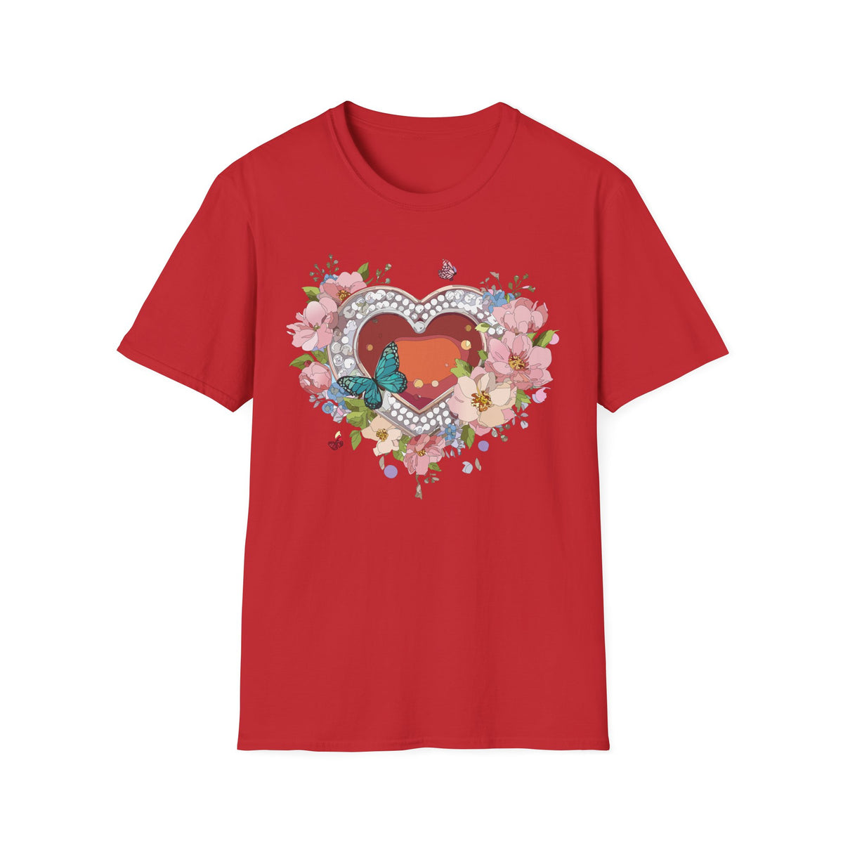 Heart with Floral Wreath and Butterfly T-Shirt | Romantic Floral Tee