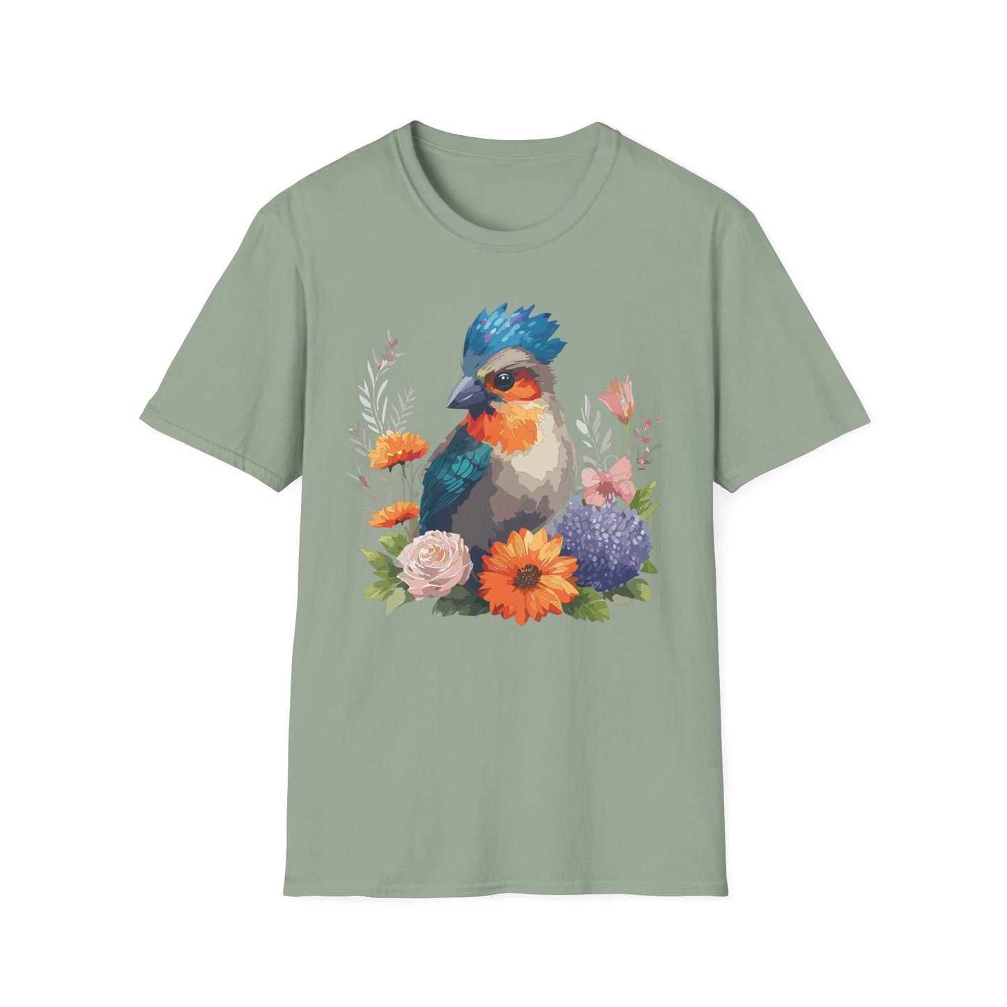 Floral Bluebird T-Shirt Unisex Cotton Short Sleeves Tee Shirt with Bird 2