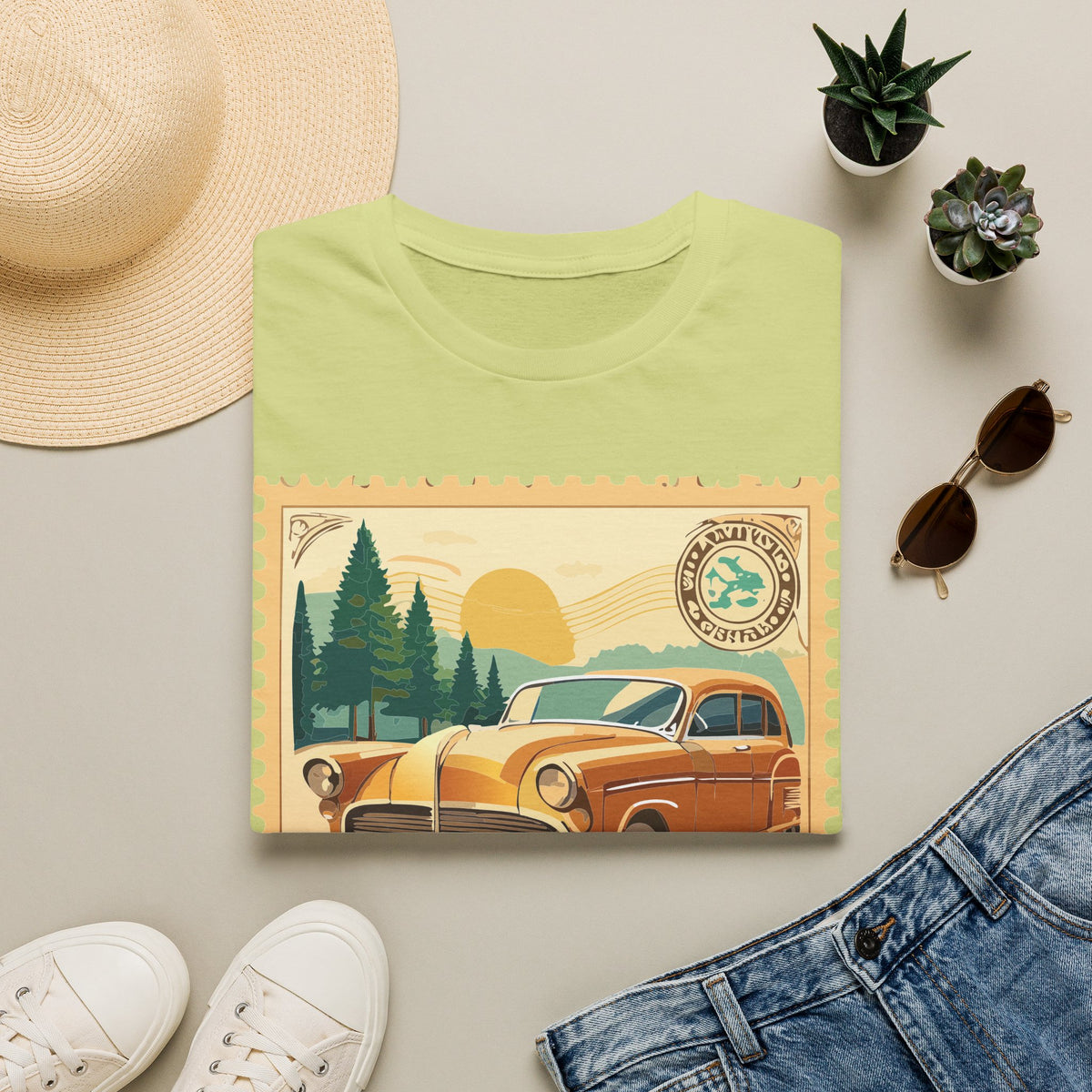 Vintage Classic Car Stamp T-Shirt | Retro Roadtrip Scenic Graphic Tee Unisex 100 Cotton Gildan T-Shirt