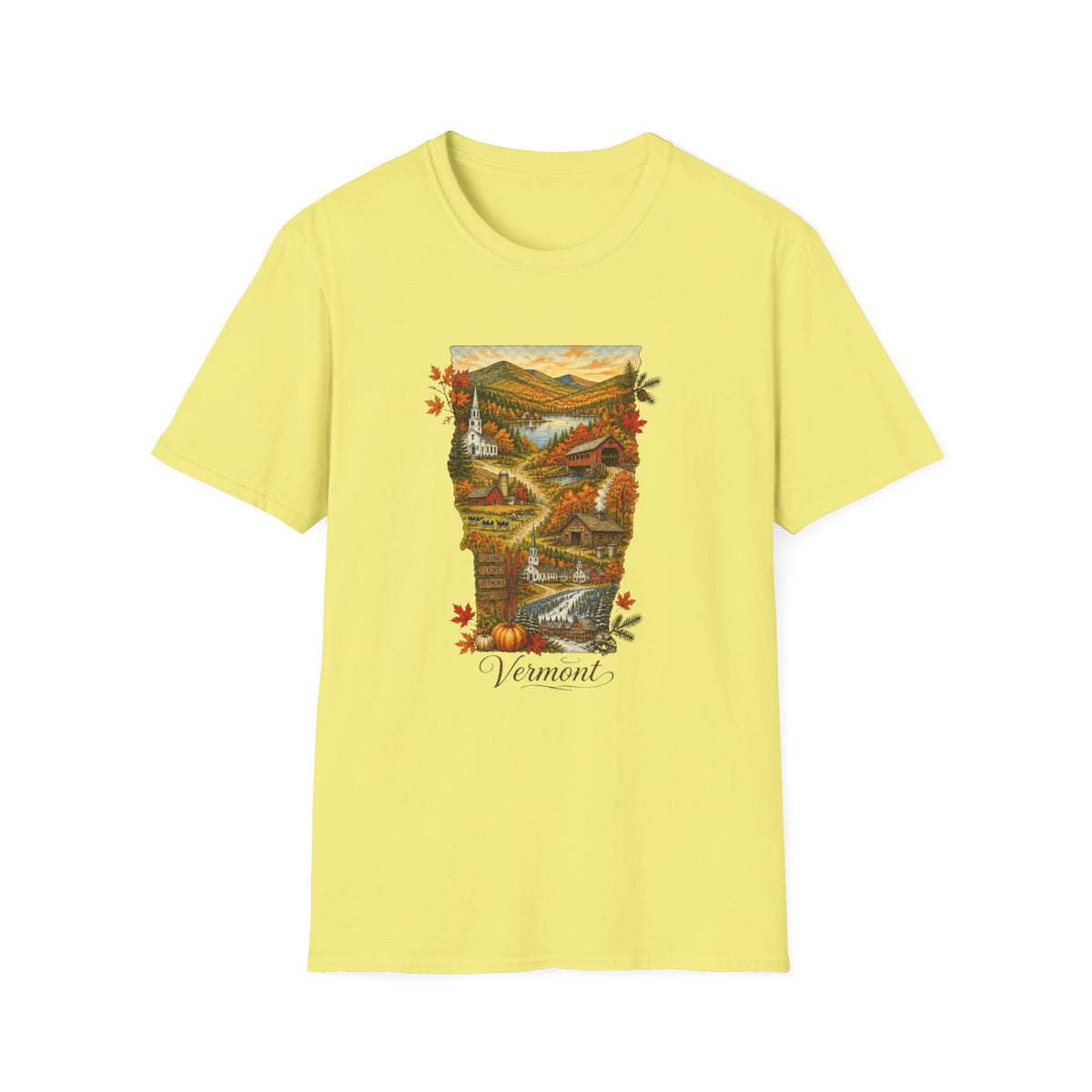 Vermont Fall Scenic T‑Shirt — Autumn Maple Leaves Landscape Travel Tourist Graphic Design Unisex 100 Cotton Gildan T-Shirt