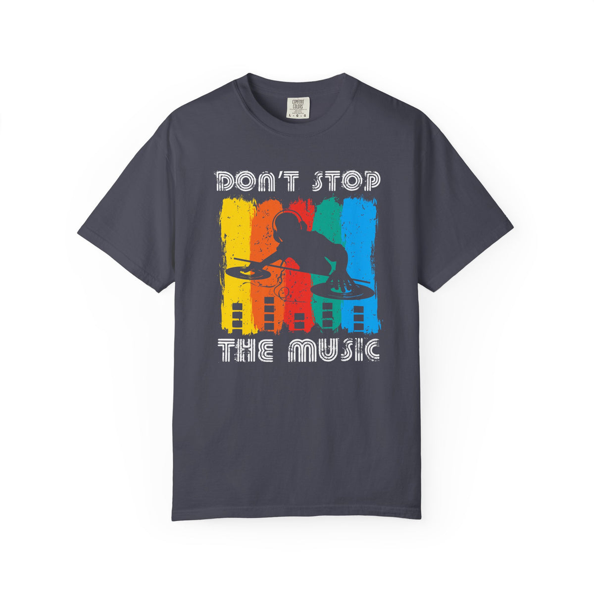Don t Stop the Music DJ Silhouette T-Shirt Retro Rainbow Turntables Unisex Cotton Tee 016