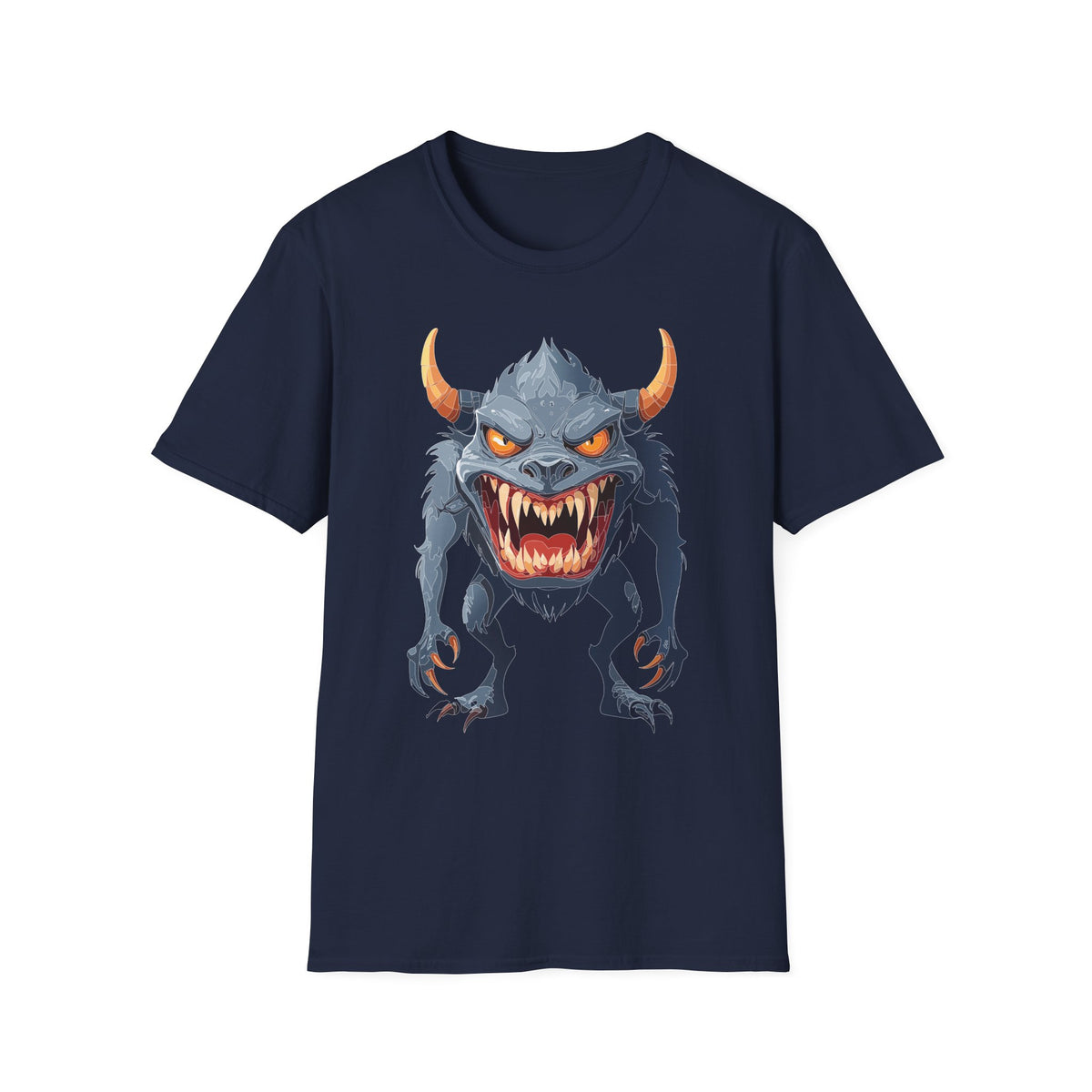 Demonic Monster Graphic T-Shirt — Fierce Horned Creature Cartoon Graphic Tee Unisex 100 Cotton Gildan T-Shirt