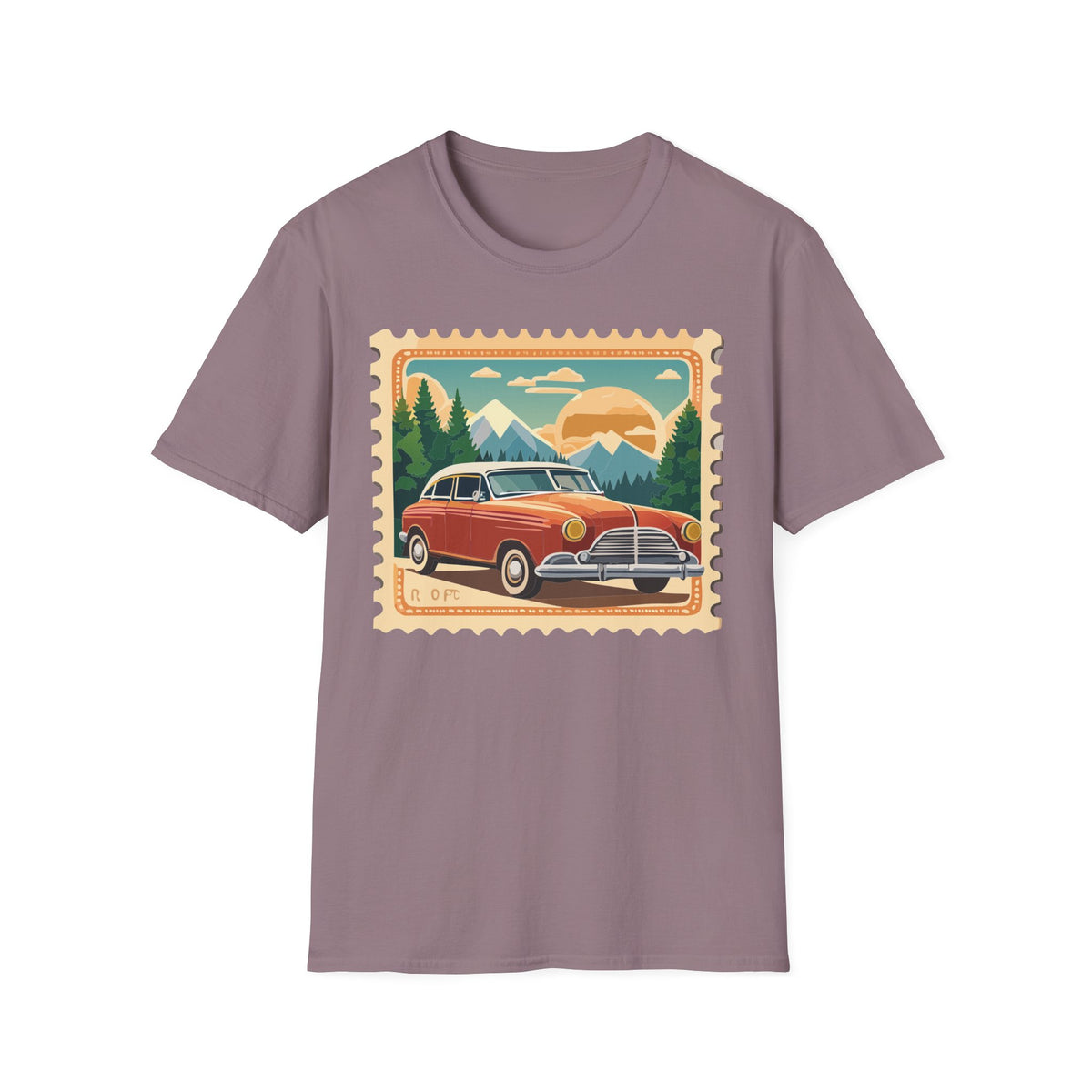 Vintage Road Trip Car T-Shirt | Retro Mountain Sunset Stamp Design