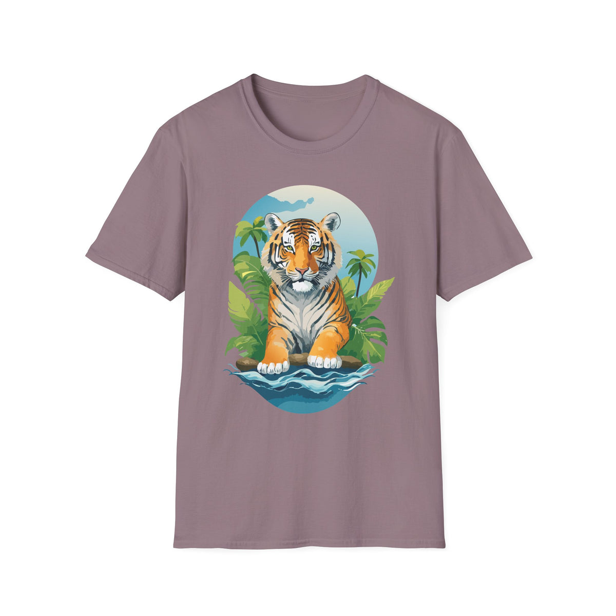 Tropical Tiger Illustration T-Shirt | Jungle Palm Sunset Tee