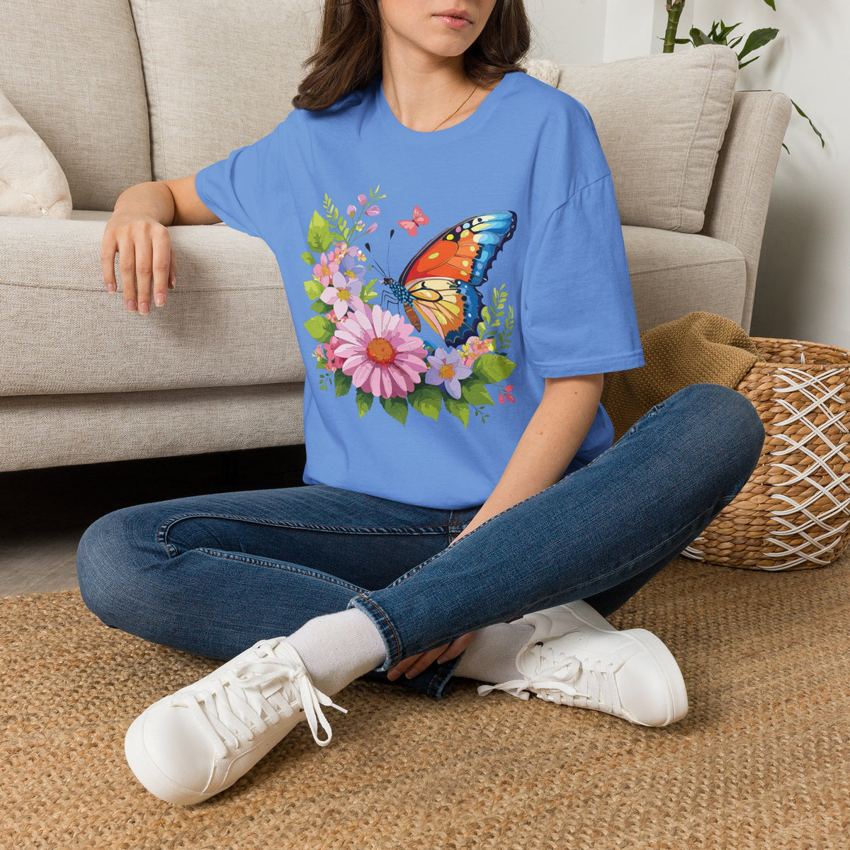 Butterfly Floral T-Shirt — Colorful Monarch & Spring Flowers Graphic Tee Unisex 100 Cotton Gildan T-Shirt
