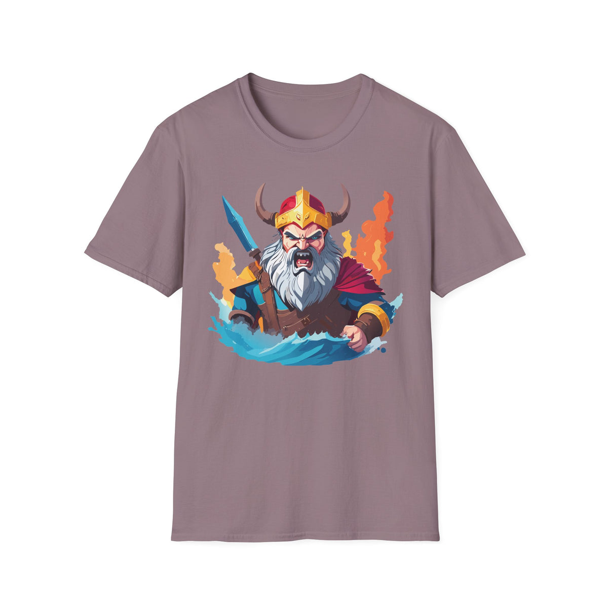 Viking Warrior Illustration T-Shirt | Horned Helmet, Sword, Flames