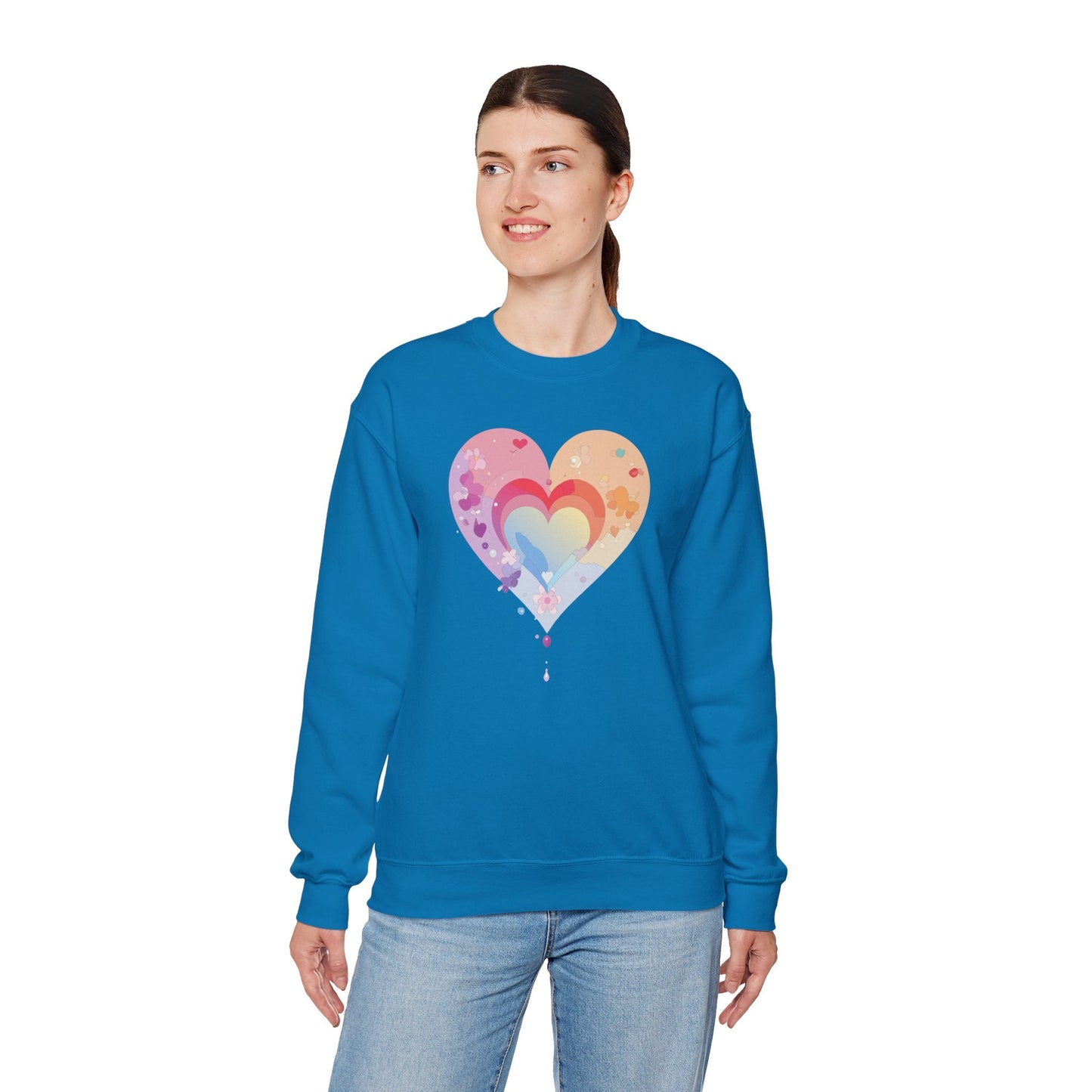 Rainbow Heart Floral Sweatshirt Unisex Valentines Day Gift Cozy Crewneck Sweatshirt