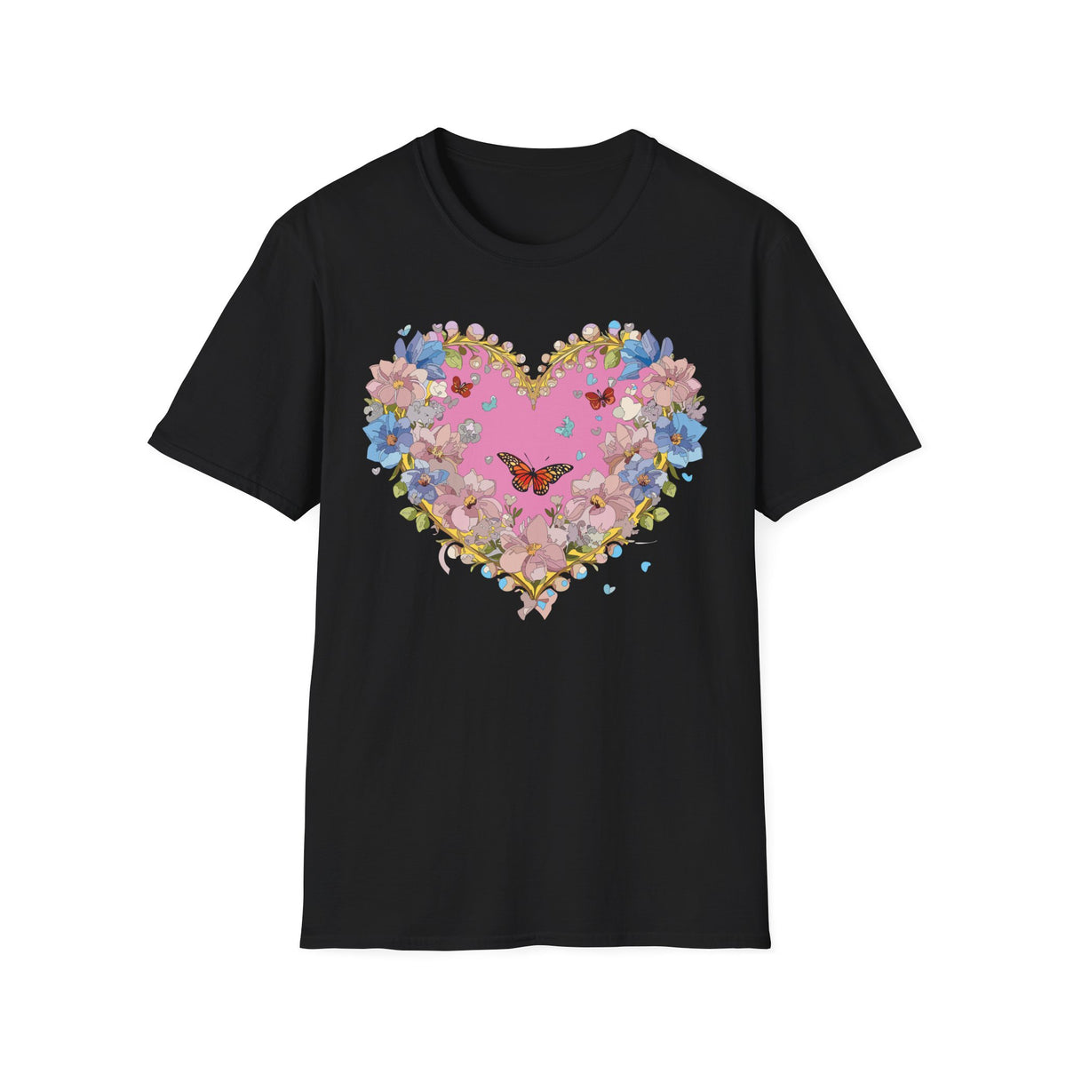 Floral Heart with Butterfly T-Shirt | Pink Bloom Love Graphic Tee Unisex 100 Cotton Gildan T-Shirt