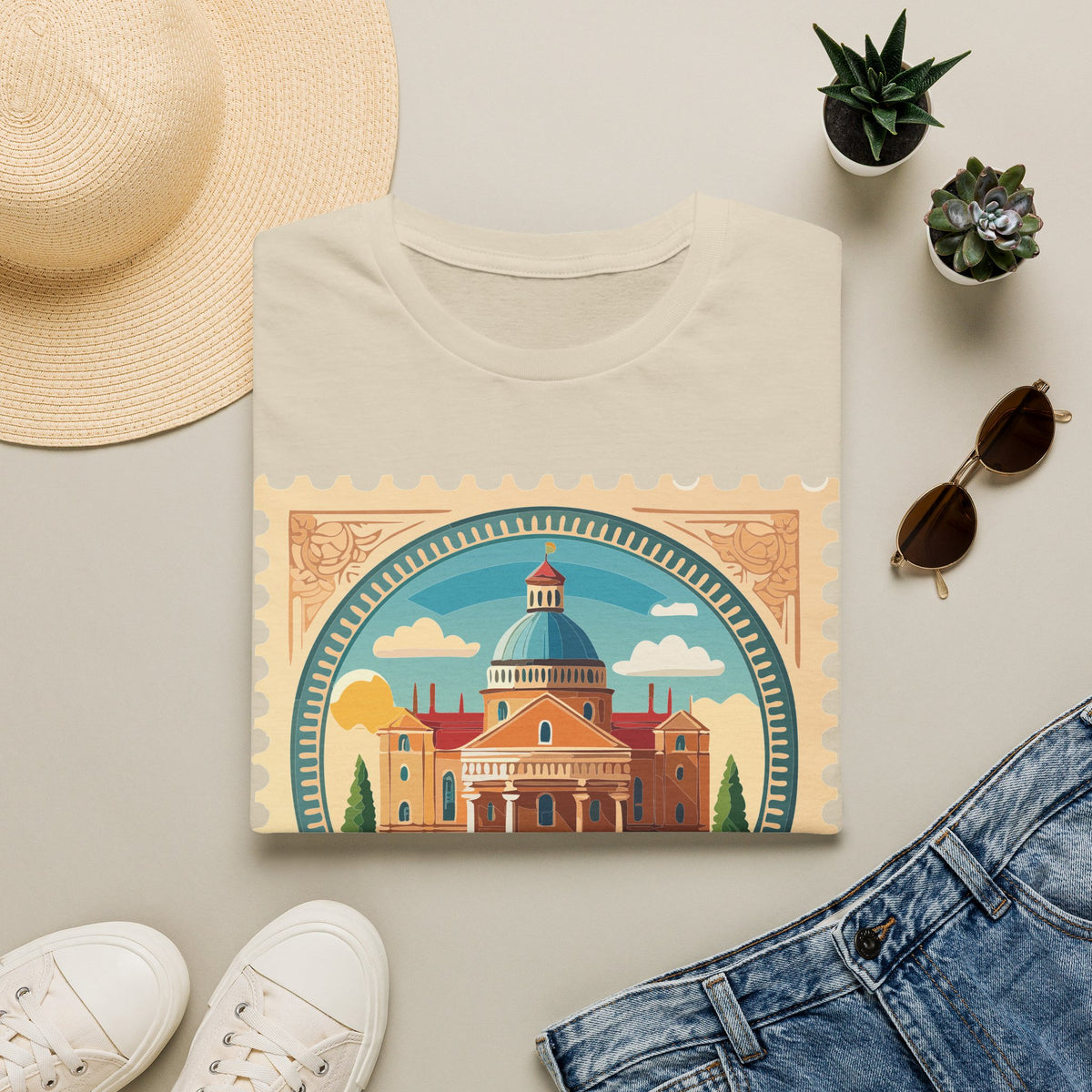 Vintage Postage Stamp Cityscape T-Shirt | Retro Basilica Graphic Tee Unisex 100 Cotton Gildan T-Shirt