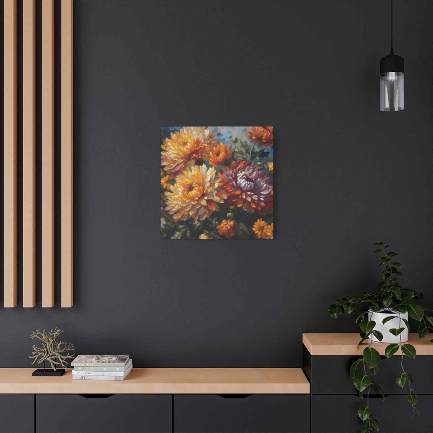 Chrysanthemums Print Canvas, Floral Oil Paint Print 20x20, 24x24, 30x30, 32x32, 36x36 Art Design Pine-Wood Inner Frame MC-157