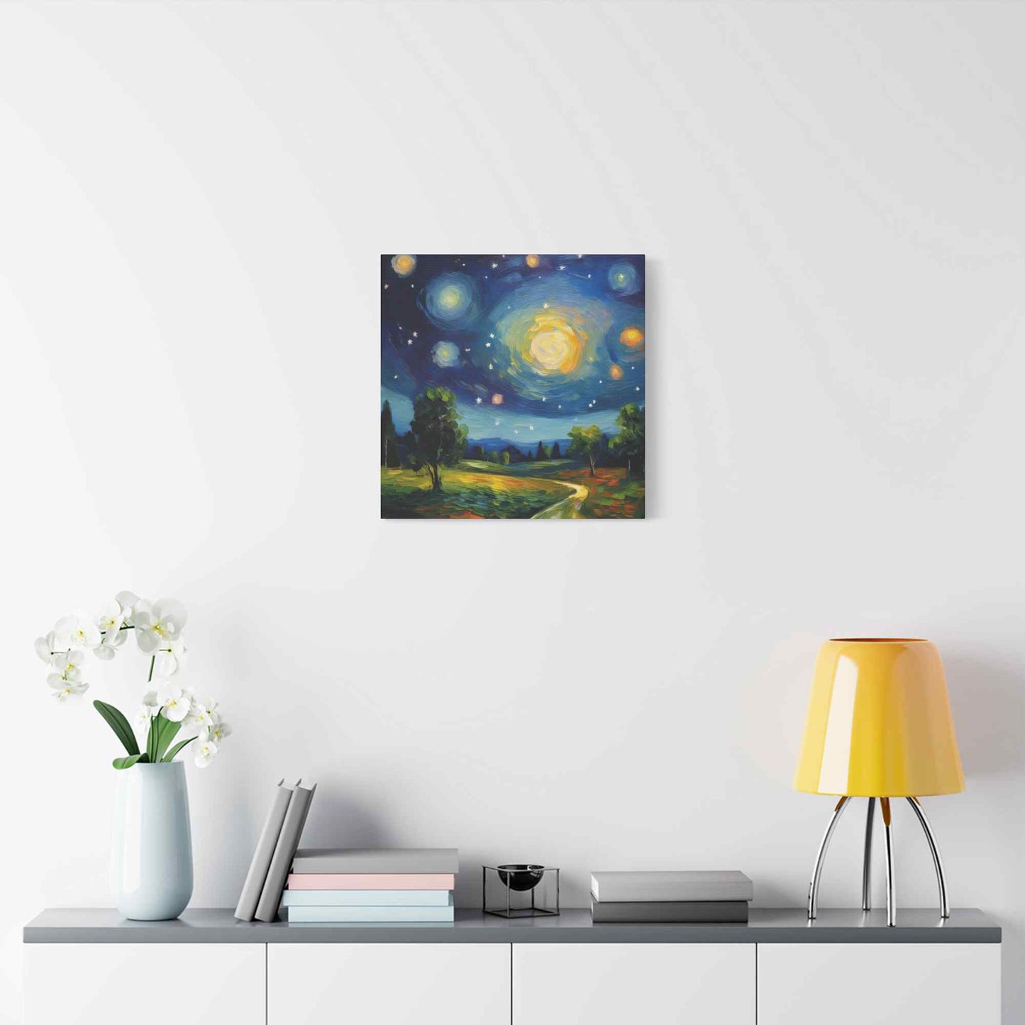 Starry Night Print Canvas, Oil Paint Print 20x20, 24x24, 30x30, 32x32, 36x36 Art Design Print Pine-Wood Inner Frame MC-40
