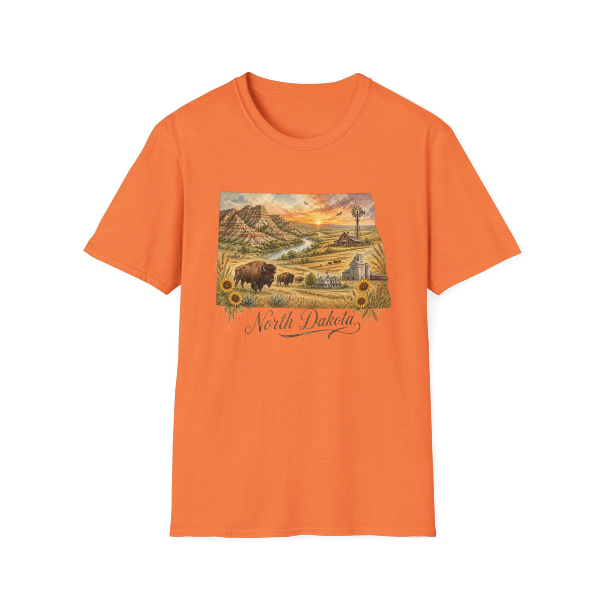 North Dakota State Travel Tourist Graphic Design Unisex 100 Cotton Gildan T-Shirt
