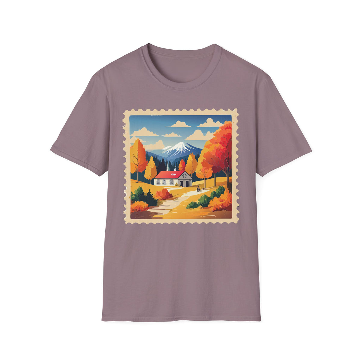 Autumn Mountain Cabin T-Shirt | Fall Landscape Stamp Art