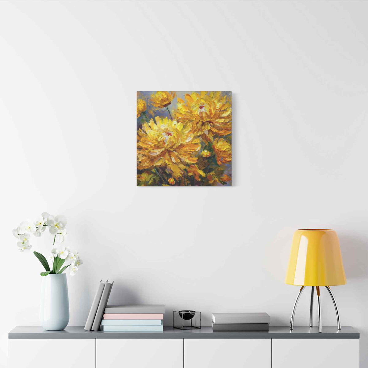 Chrysanthemums Print Canvas, Floral Oil Paint Print 20x20, 24x24, 30x30, 32x32, 36x36 Art Design Pine-Wood Inner Frame MC-164
