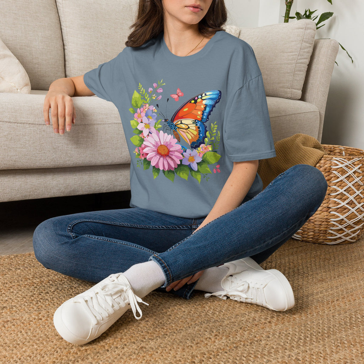 Butterfly Floral T-Shirt — Colorful Monarch & Spring Flowers Graphic Tee Unisex 100 Cotton Gildan T-Shirt