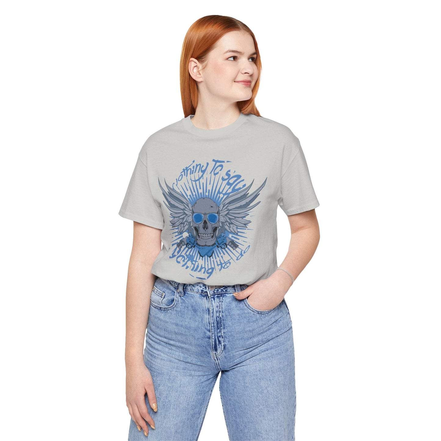 Winged Skull Graphic Tee | Blue Skull with Wings, Radiant Burst