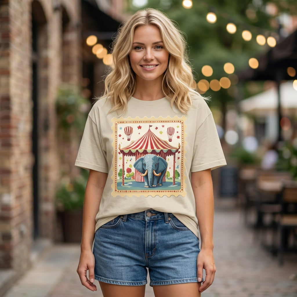 Vintage Circus Elephant T-Shirt | Carnival Tent, Hot Air Balloons Graphic Tee Unisex 100 Cotton Gildan T-Shirt