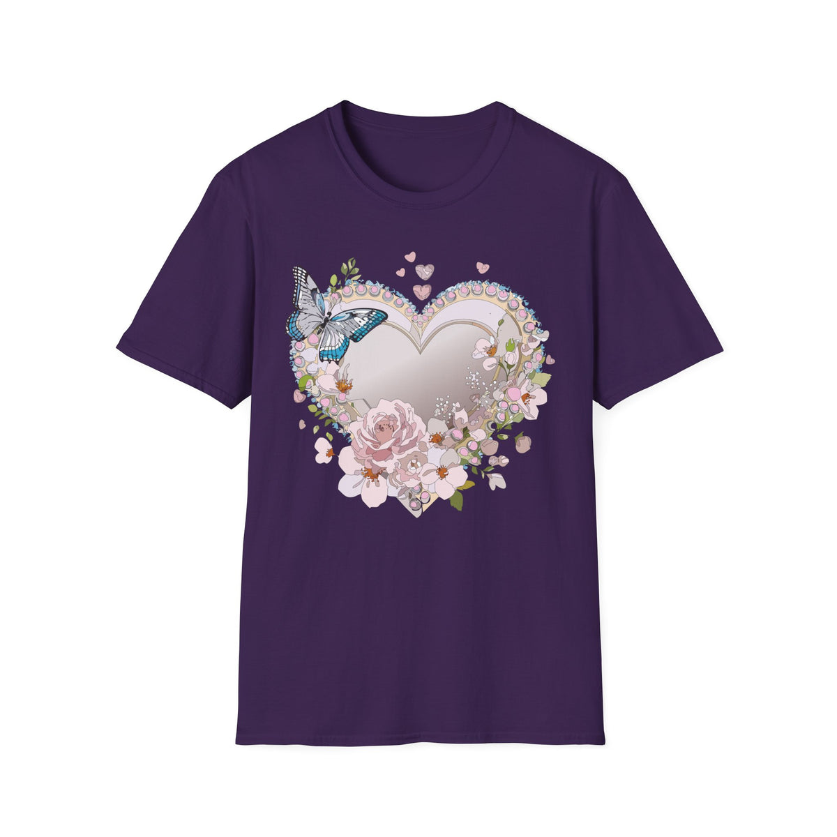 Floral Heart with Butterfly T-Shirt | Romantic Pastel Garden Graphic Tee Unisex 100 Cotton Gildan T-Shirt