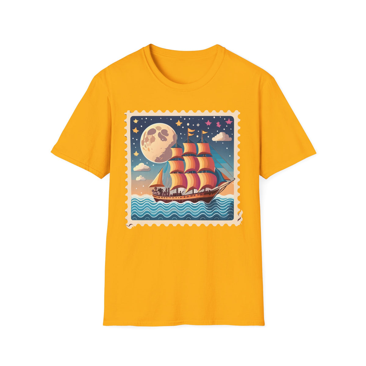Vintage Sailboat Moon Illustration T-Shirt | Nautical Night Sky