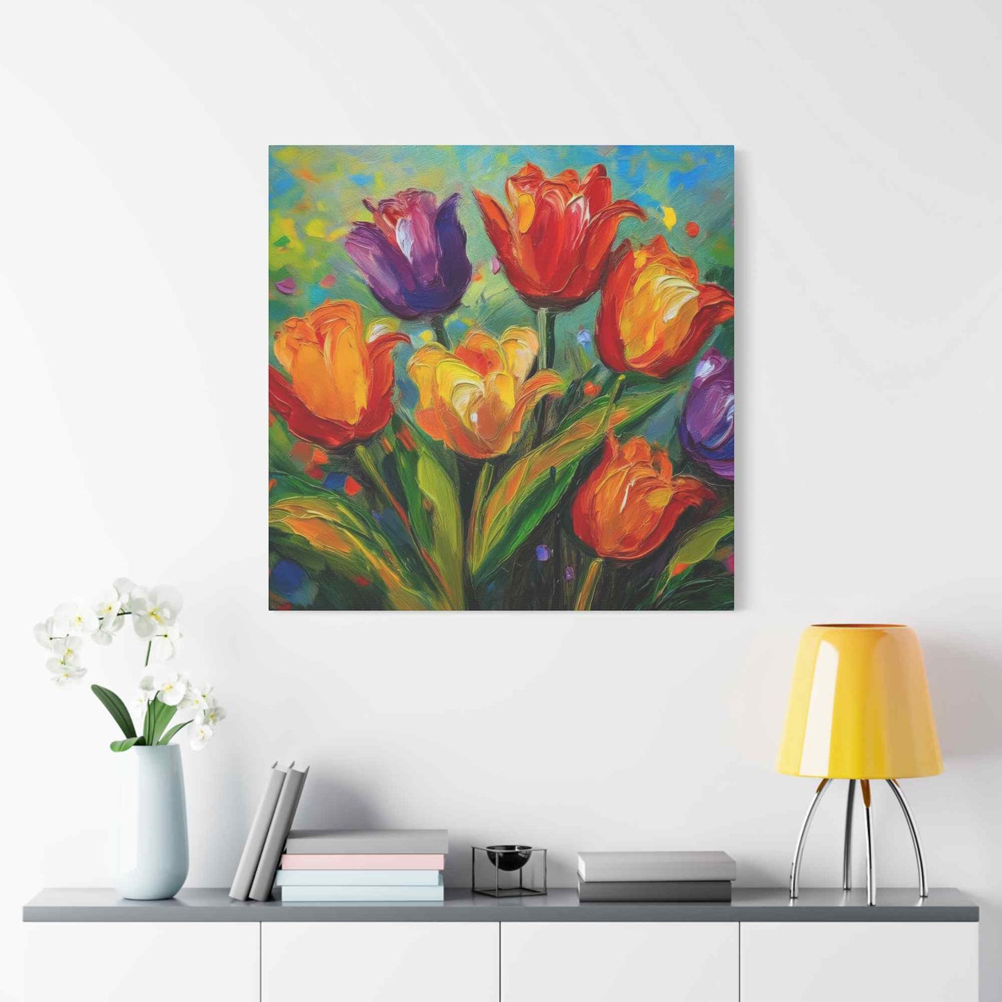 Tulips Print Canvas, Floral Oil Paint Print 20x20, 24x24, 30x30, 32x32, 36x36 Art Design Pine-Wood Inner Frame MC-141
