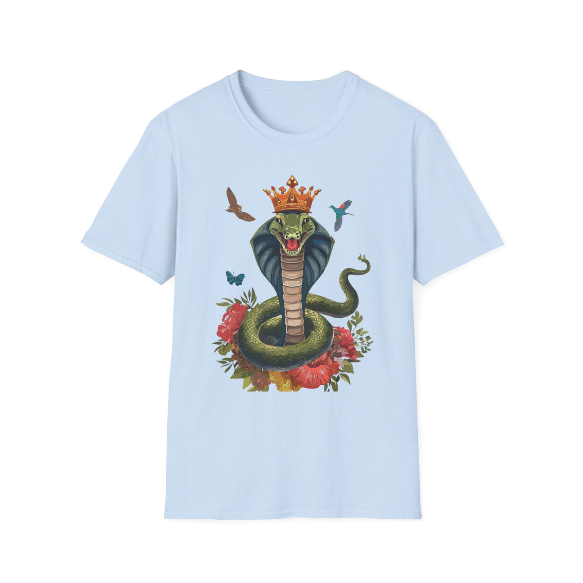 Crowned King Cobra Shirt | Snake Illustration, Floral Accents, Wildlife