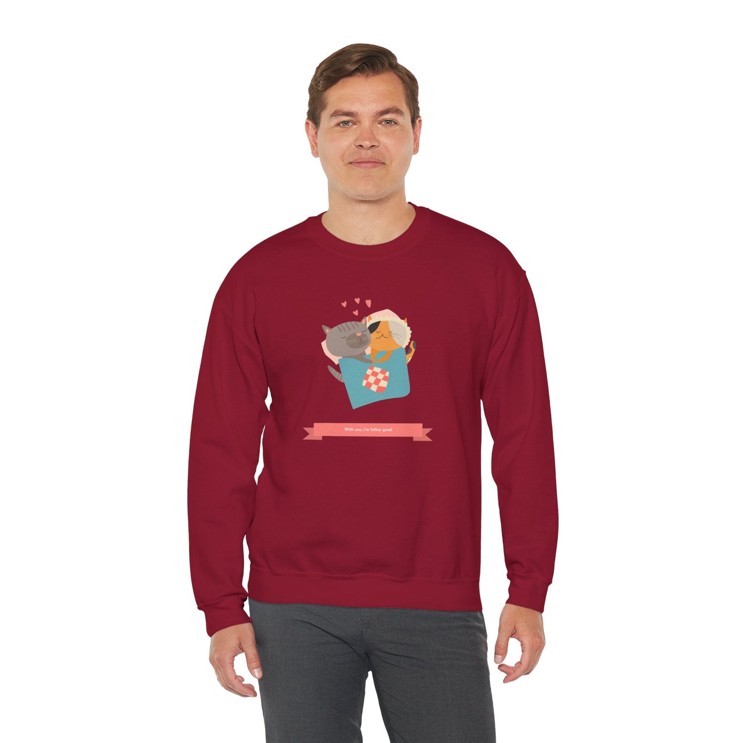 Cat Heart Sweatshirt Unisex Valentines Day 50 50 Cotton Poly Crewneck Gildan 18000