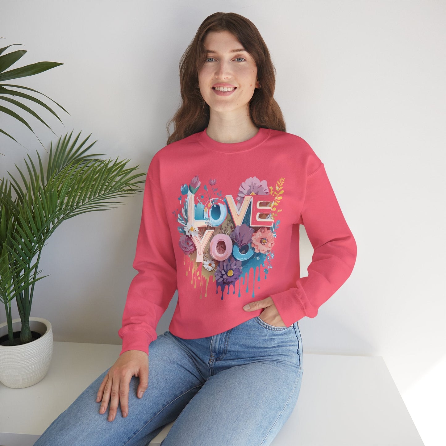 Floral Love Sweatshirt Unisex Heavy Blend Crewneck Valentine Day Flower Print Cozy Fleece Warm Gift