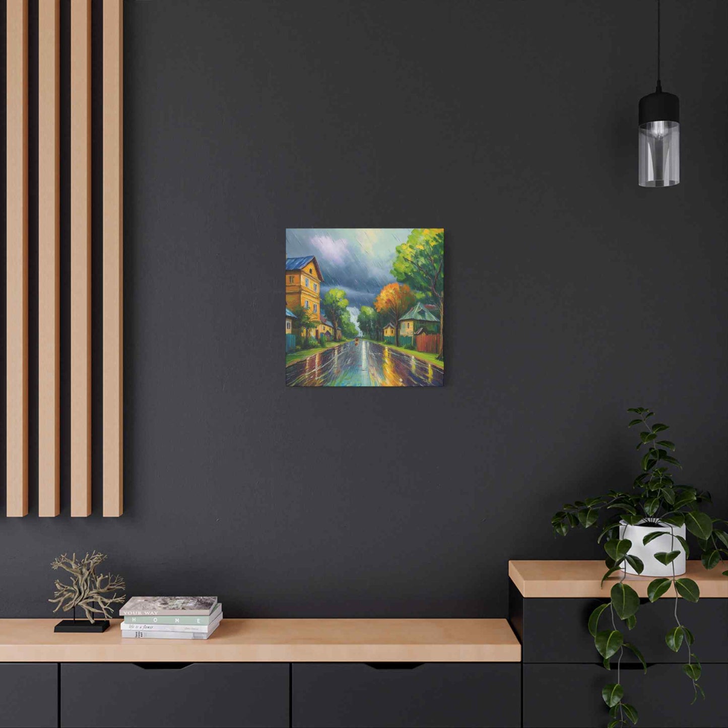 Rainy Village Street Canvas, Matte Oil Paint Print 20x20, 24x24, 30x30, 32x32, 36x36, Art Design Print Non-Frame MC-1