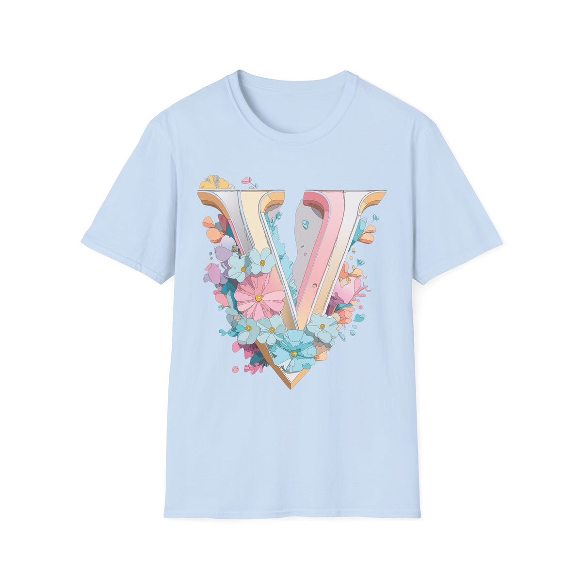 Floral Letter V T-Shirt | Pastel Vintage Monogram Tee