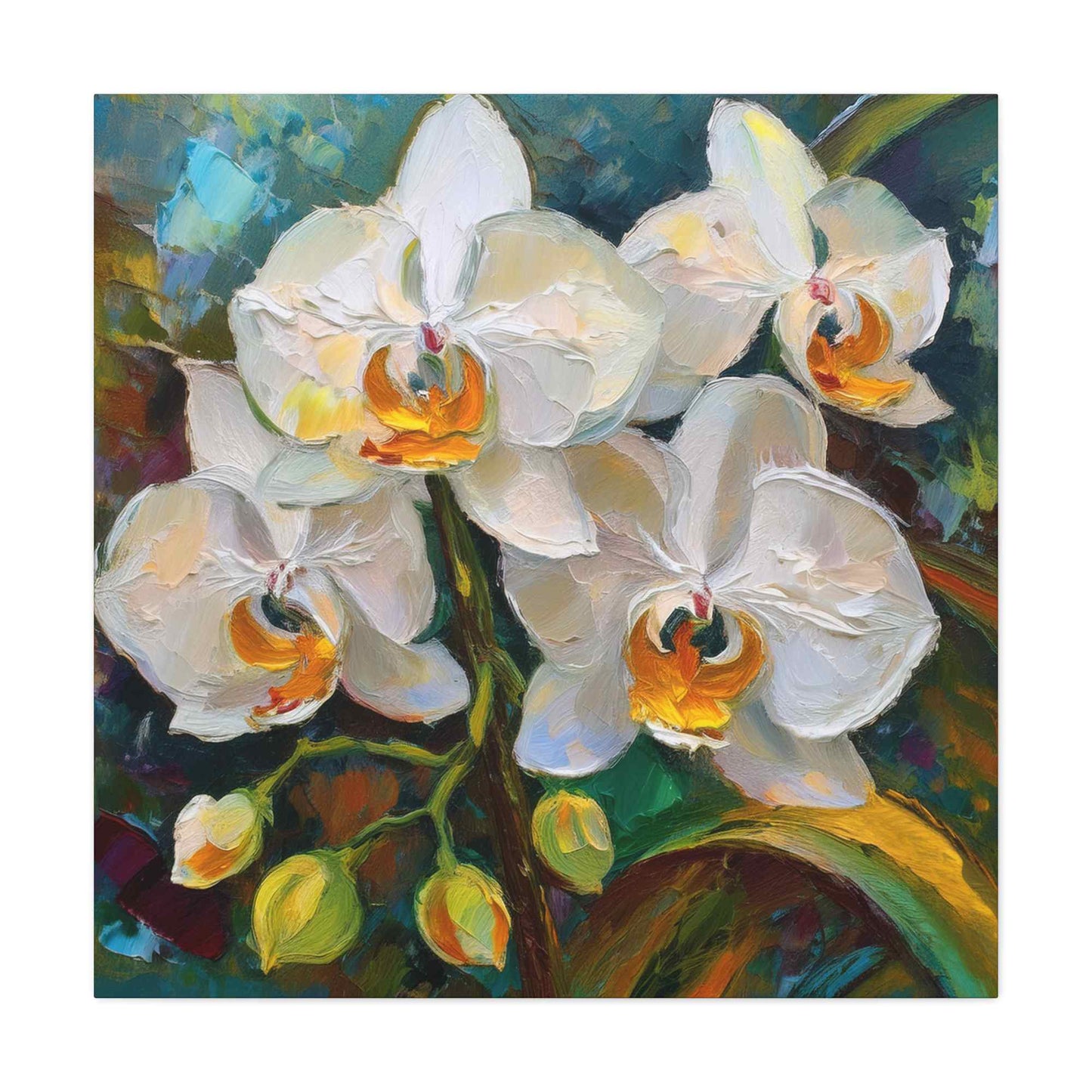 White Orchids Print Canvas, Floral Oil Paint Print 20x20, 24x24, 30x30, 32x32, 36x36 Art Design Pine-Wood Inner Frame MC-137