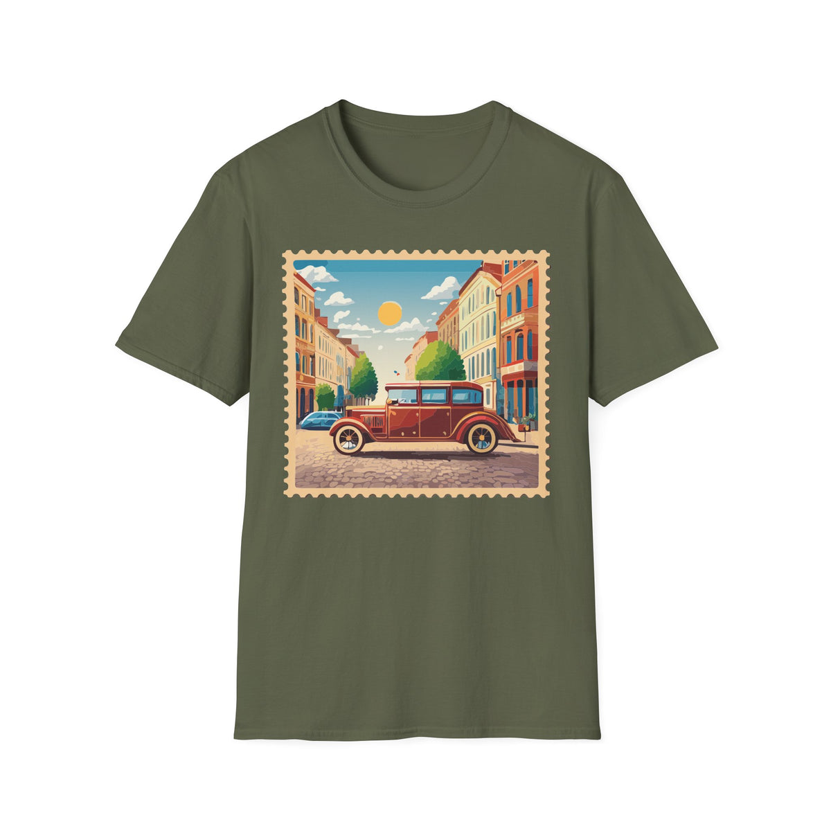 Vintage City Street Illustration T-Shirt | Retro Car, Sunny Urban Graphic Tee Unisex 100 Cotton Gildan T-Shirt