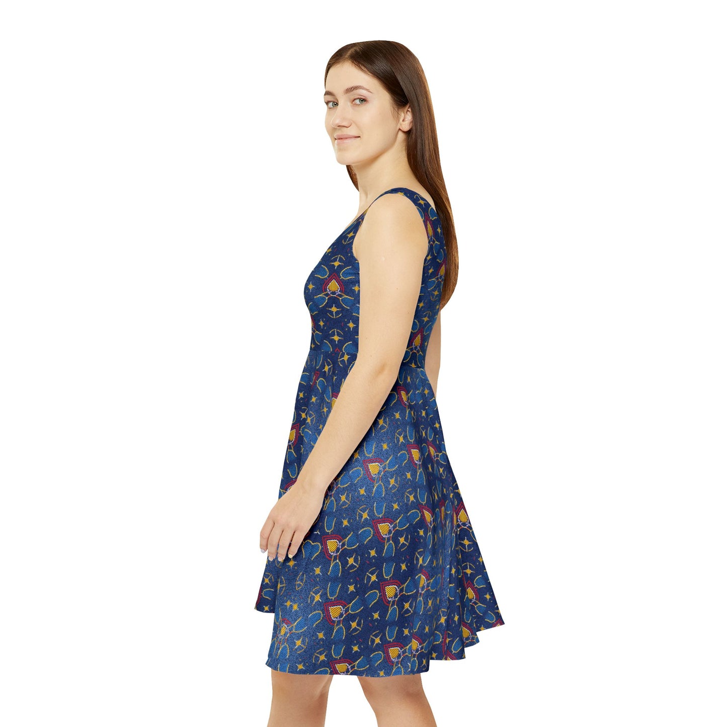 Women Diwali Denim Print Skater Dress, Denim Print Poly-Span Dress - 50