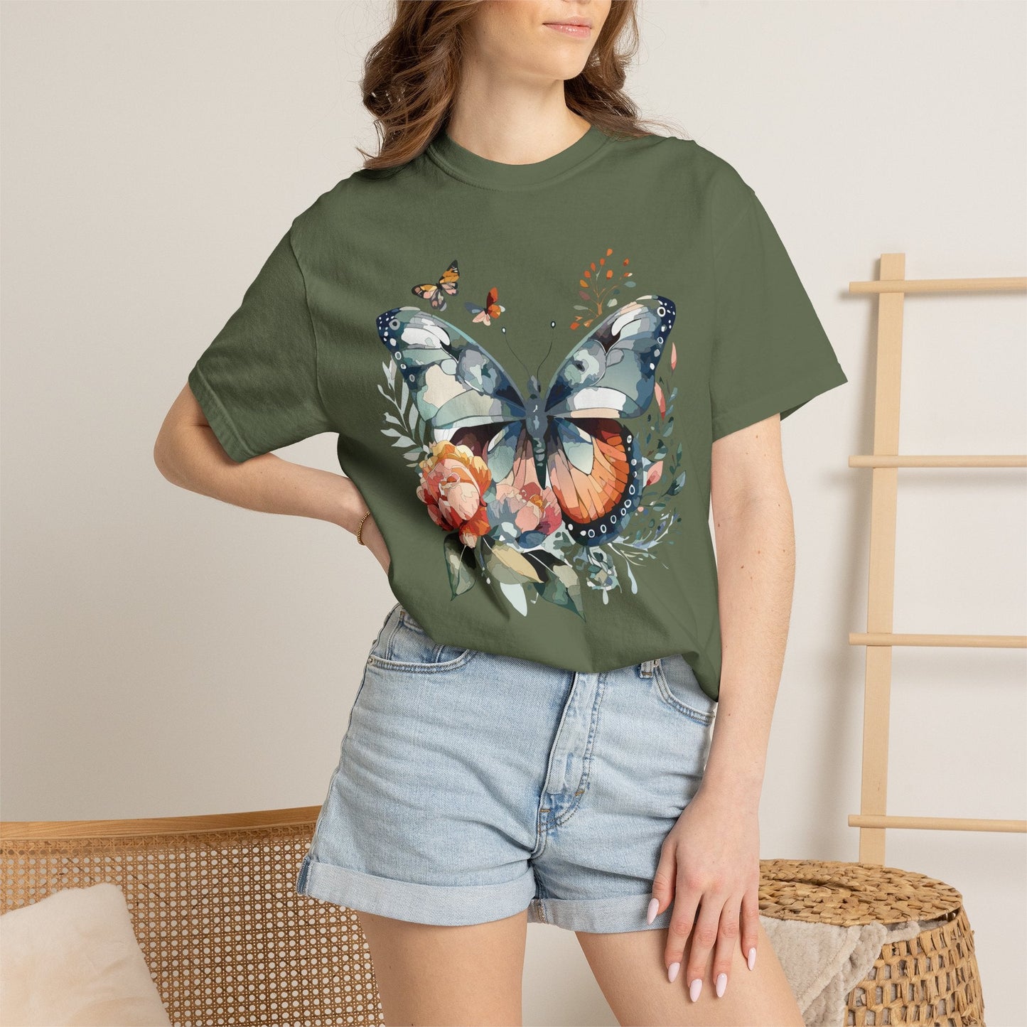 Butterfly Floral Print T-Shirt Botanical Design Unisex Heavy Cotton Tee b1
