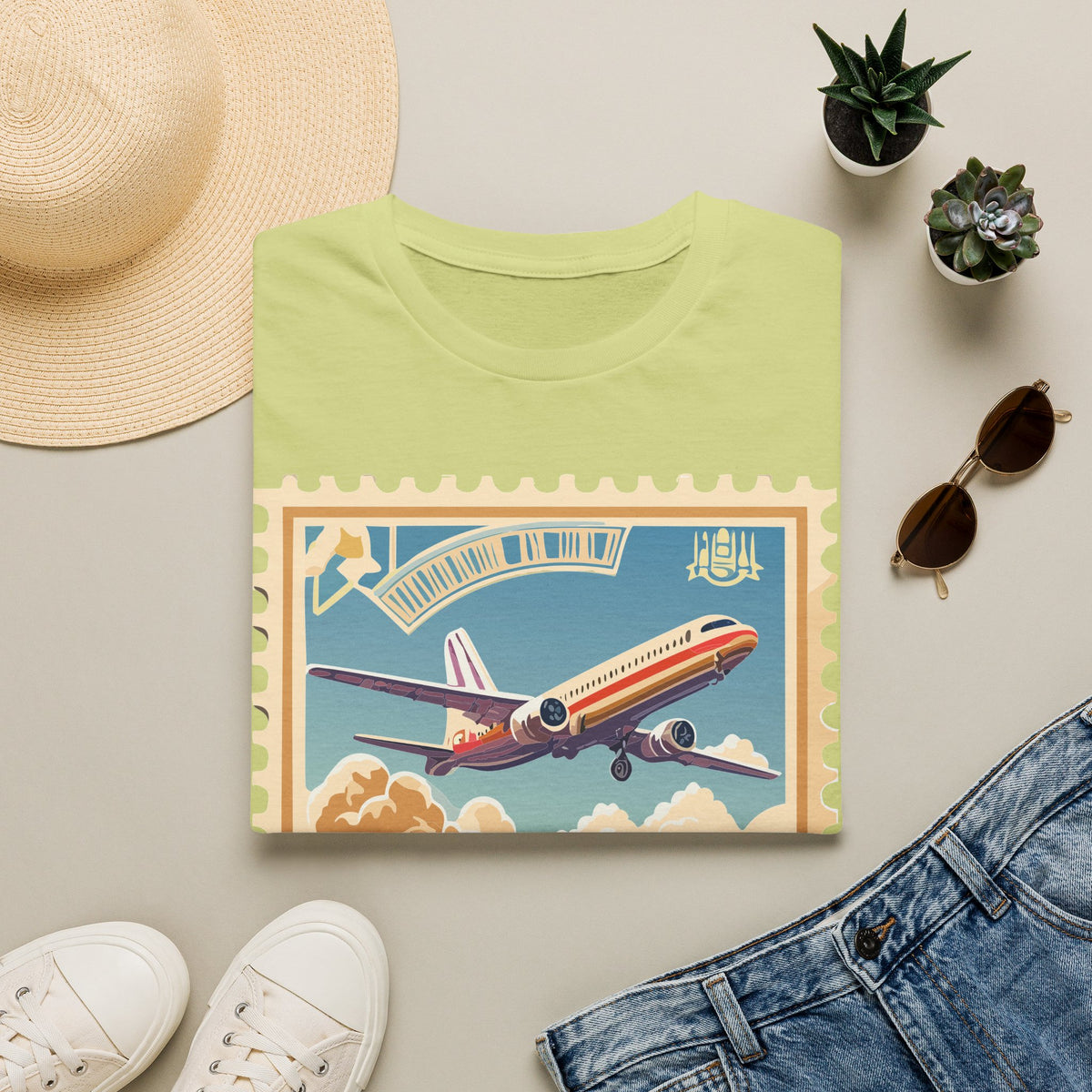 Retro Airplane Stamp illustration T-Shirt | Vintage Travel Plane Graphic Tee Unisex 100 Cotton Gildan T-Shirt