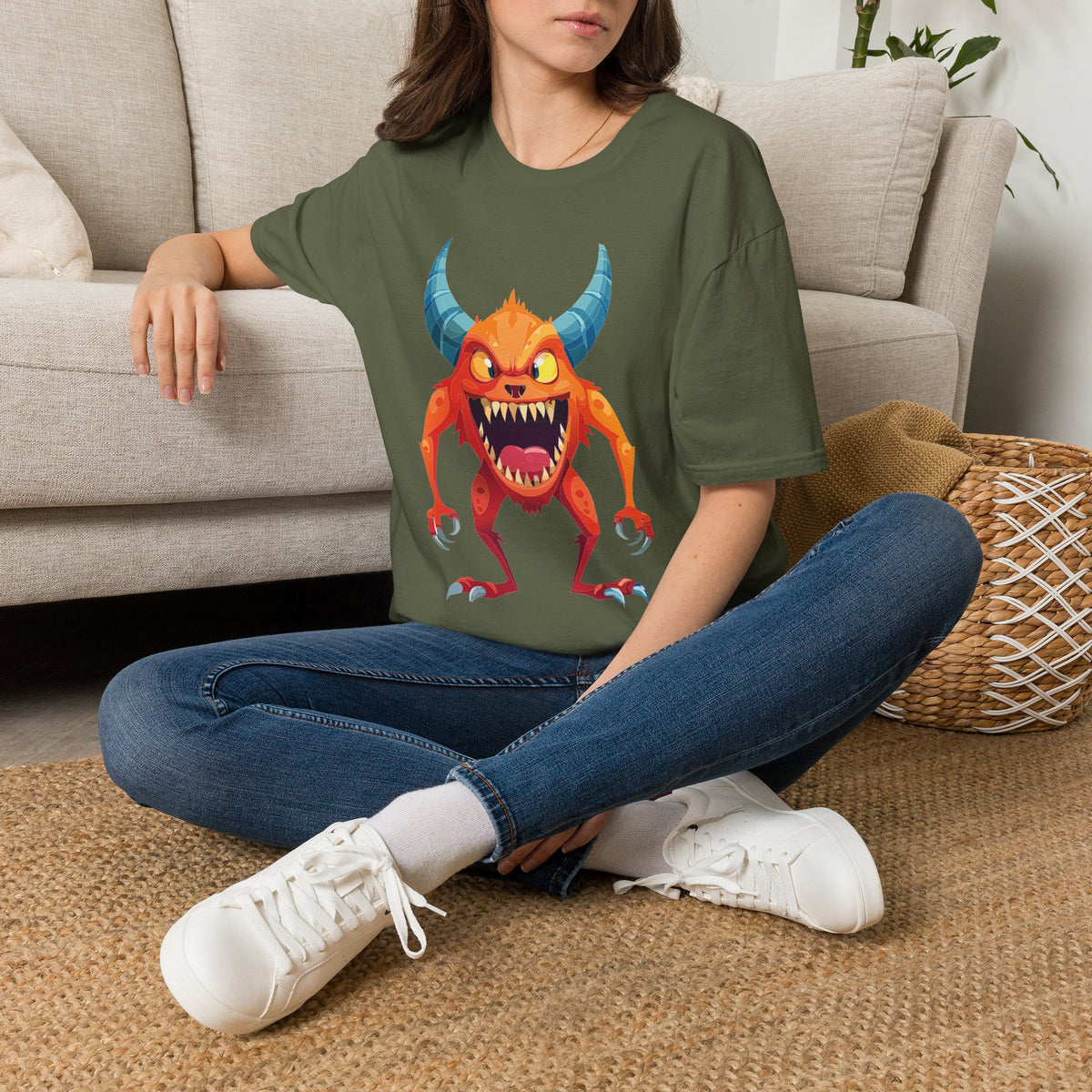 Orange Horned Monster T-Shirt — Cute Scary Cartoon Tee for Kids & Halloween Cartoon Graphic Tee Unisex 100 Cotton Gildan T-Shirt
