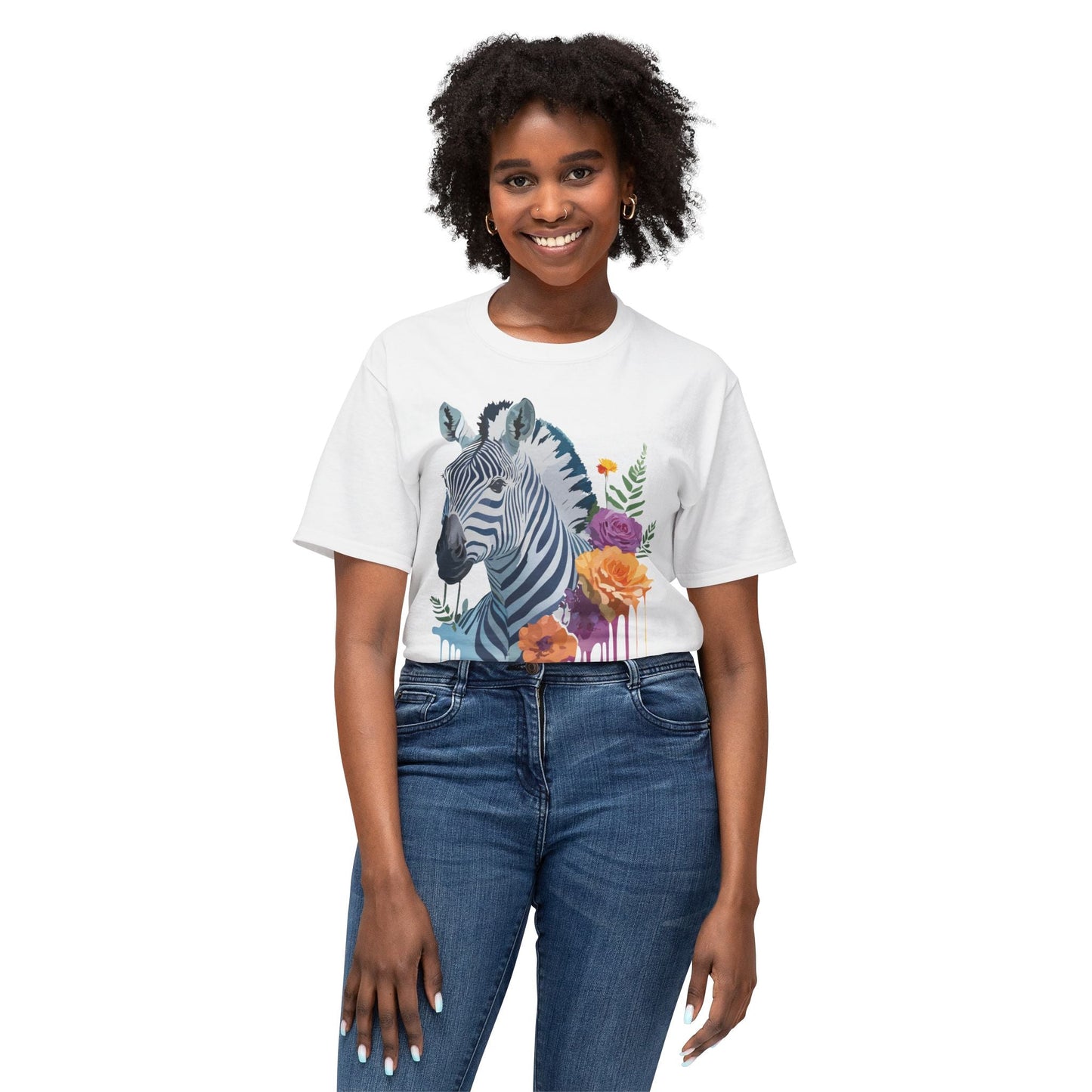 Unisex Zebra T Shirt With Floral Art Print Premium HD Cotton Jersey Tee Made In USA
