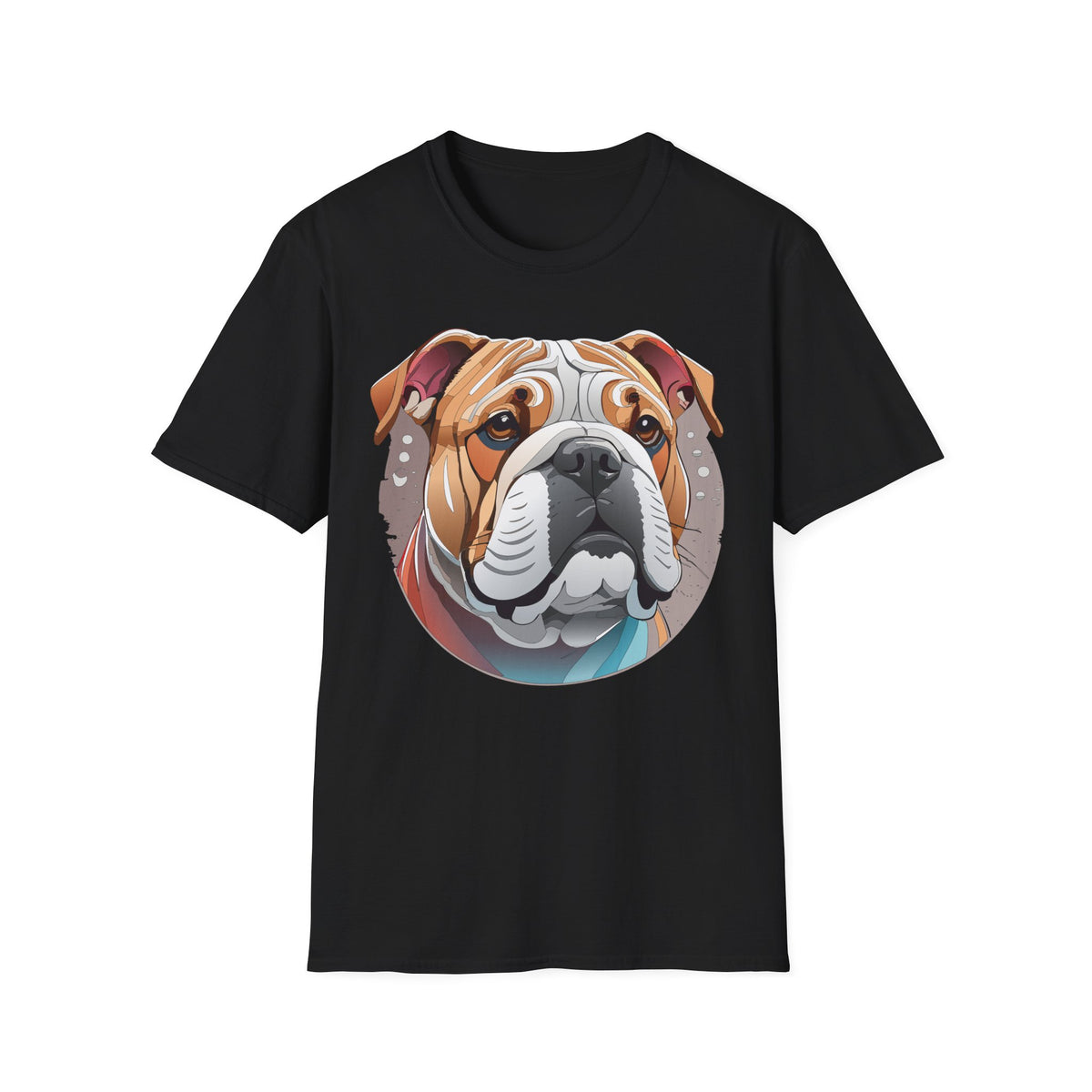 Bulldog Graphic T-Shirt — Colorful English Bulldog Portrait Graphic Design Unisex 100 Cotton Gildan T-Shirt