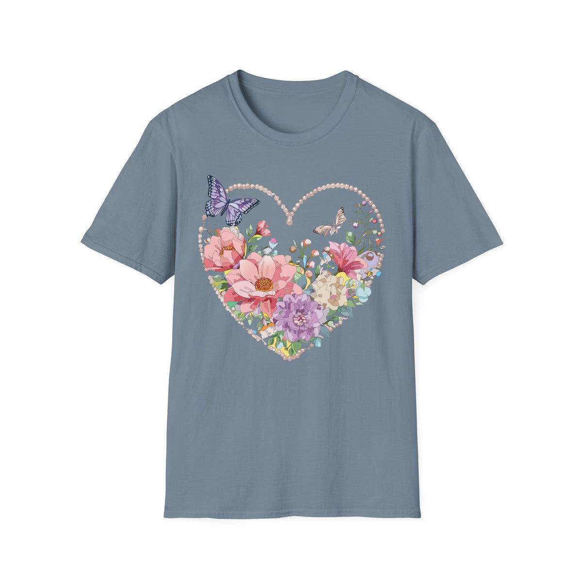 Floral Heart with Butterflies T-Shirt | Romantic Spring Garden Graphic Tee Unisex 100 Cotton Gildan T-Shirt