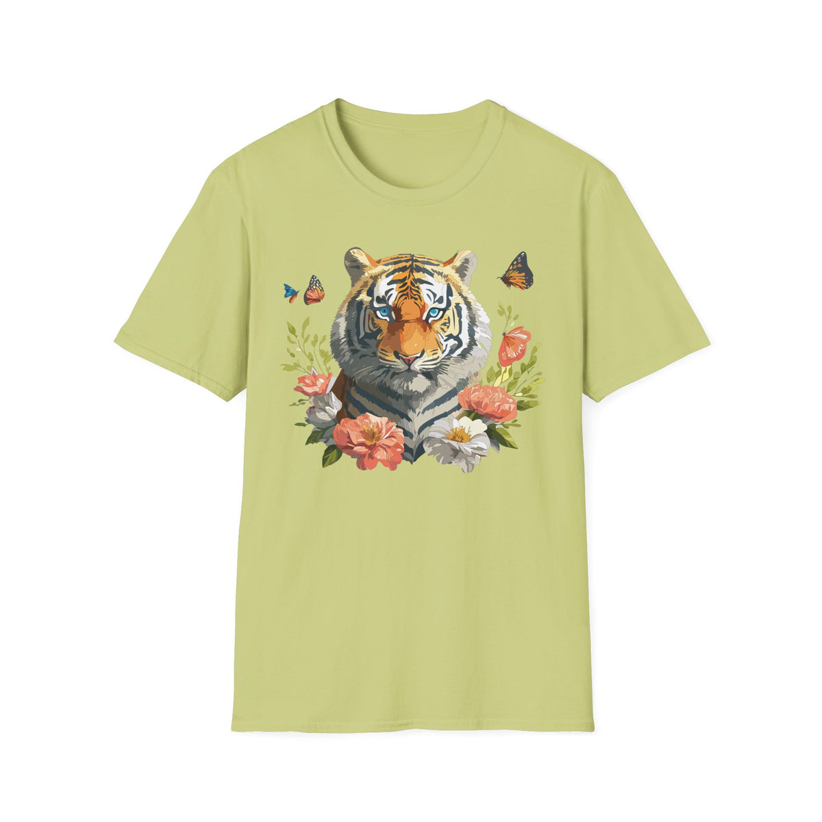Floral Tiger Portrait T-Shirt | Watercolor Big Cat with Butterflies