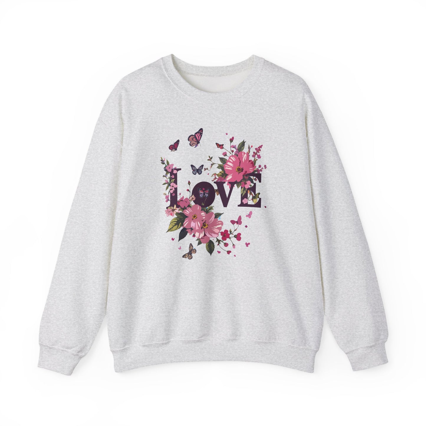 Unisex Floral Love Sweatshirt, Love Floral Sweatshirt, Floral Butterfly Sweatshirt, 50/50 Cotton-Poly Valentine's Day Sweatshirt 05