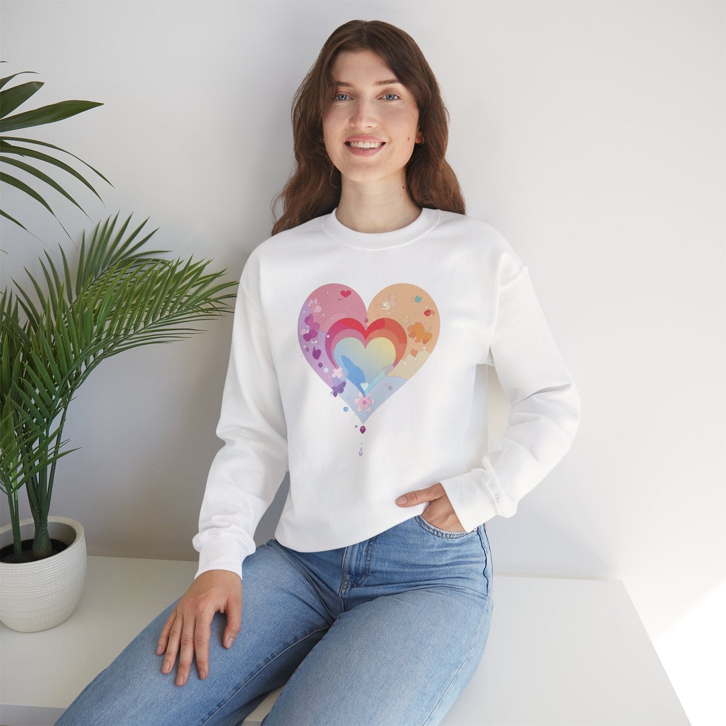 Rainbow Heart Floral Sweatshirt Unisex Valentines Day Gift Cozy Crewneck Sweatshirt
