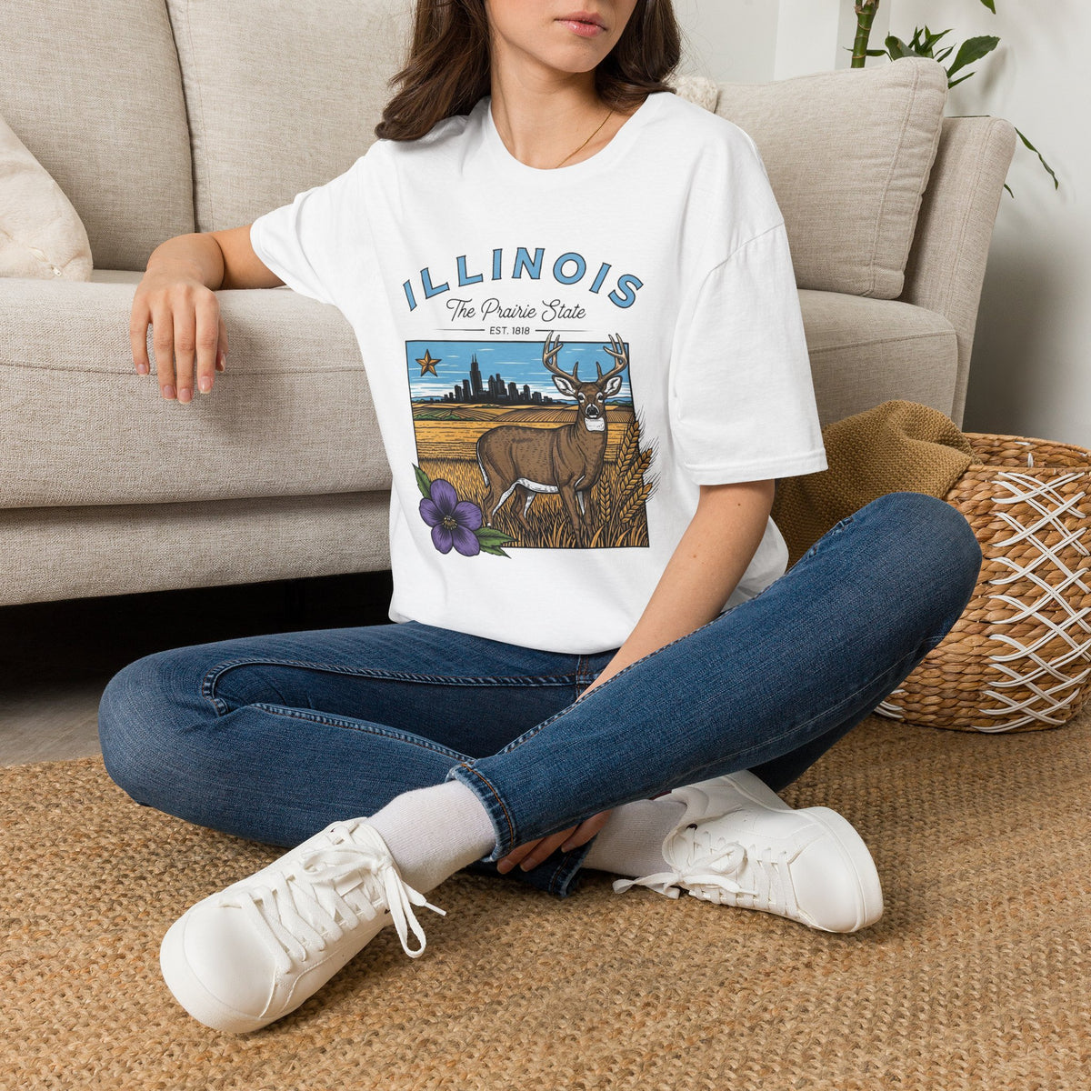 Illinois Deer State T-Shirt — The Prairie State Travel Tourist Graphic Design Unisex 100 Cotton Gildan T-Shirt