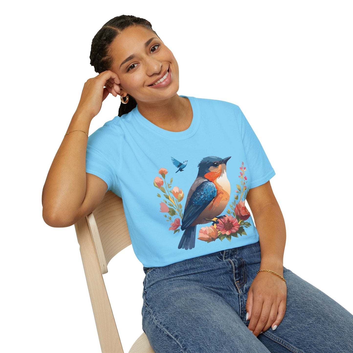 Unisex Floral Bird T Shirt Softstyle 64000 Gildan Ring Spun Cotton Tee Relaxed Fit