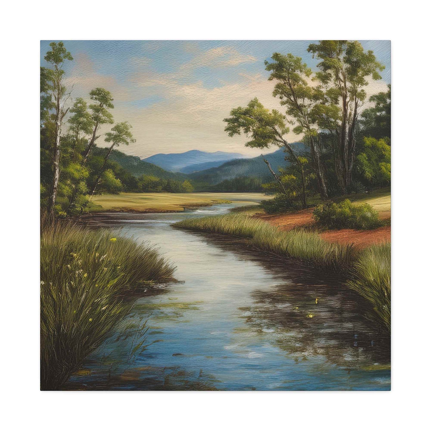River Print Canvas, Landscape Oil Paint Print 20x20, 24x24, 30x30, 32x32, 36x36 Art Design Print Pine-Wood Inner Frame MC-50