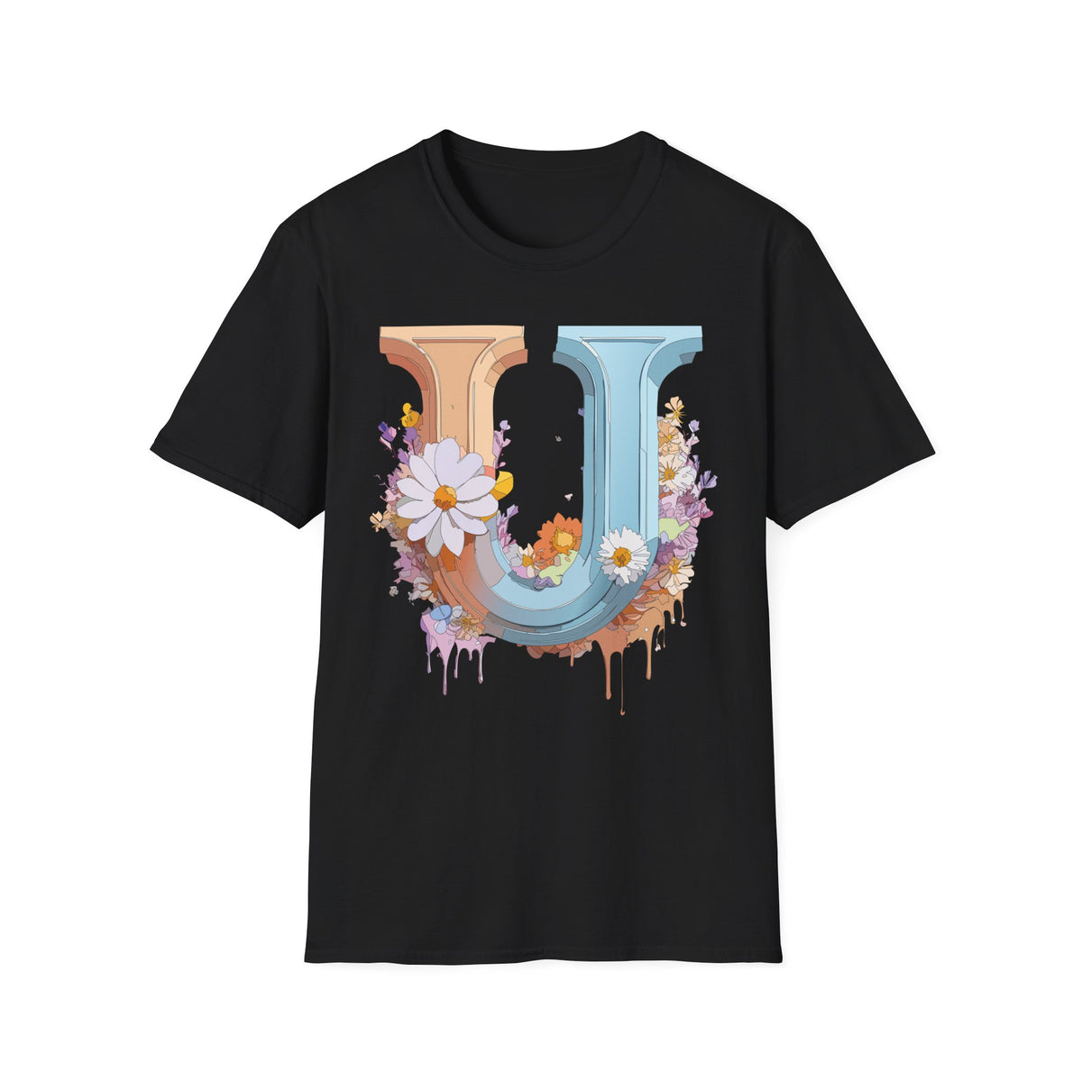 Floral Letter U T-Shirt | Vintage Block Initial with Daisies