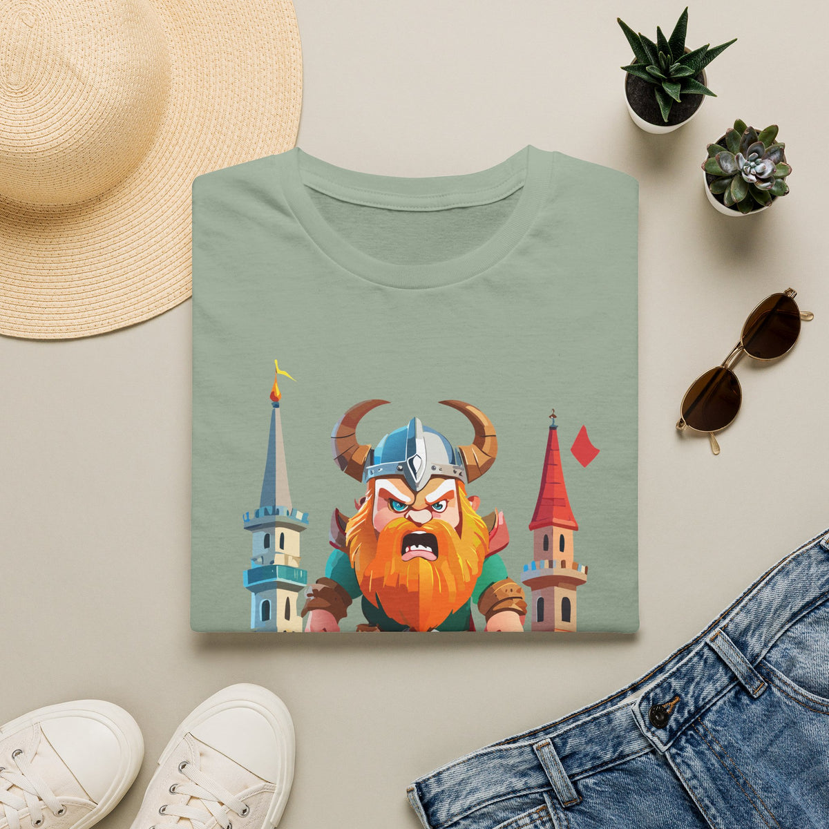 Fierce Viking Warrior T-Shirt | Cartoon Norse Helmet Illustration